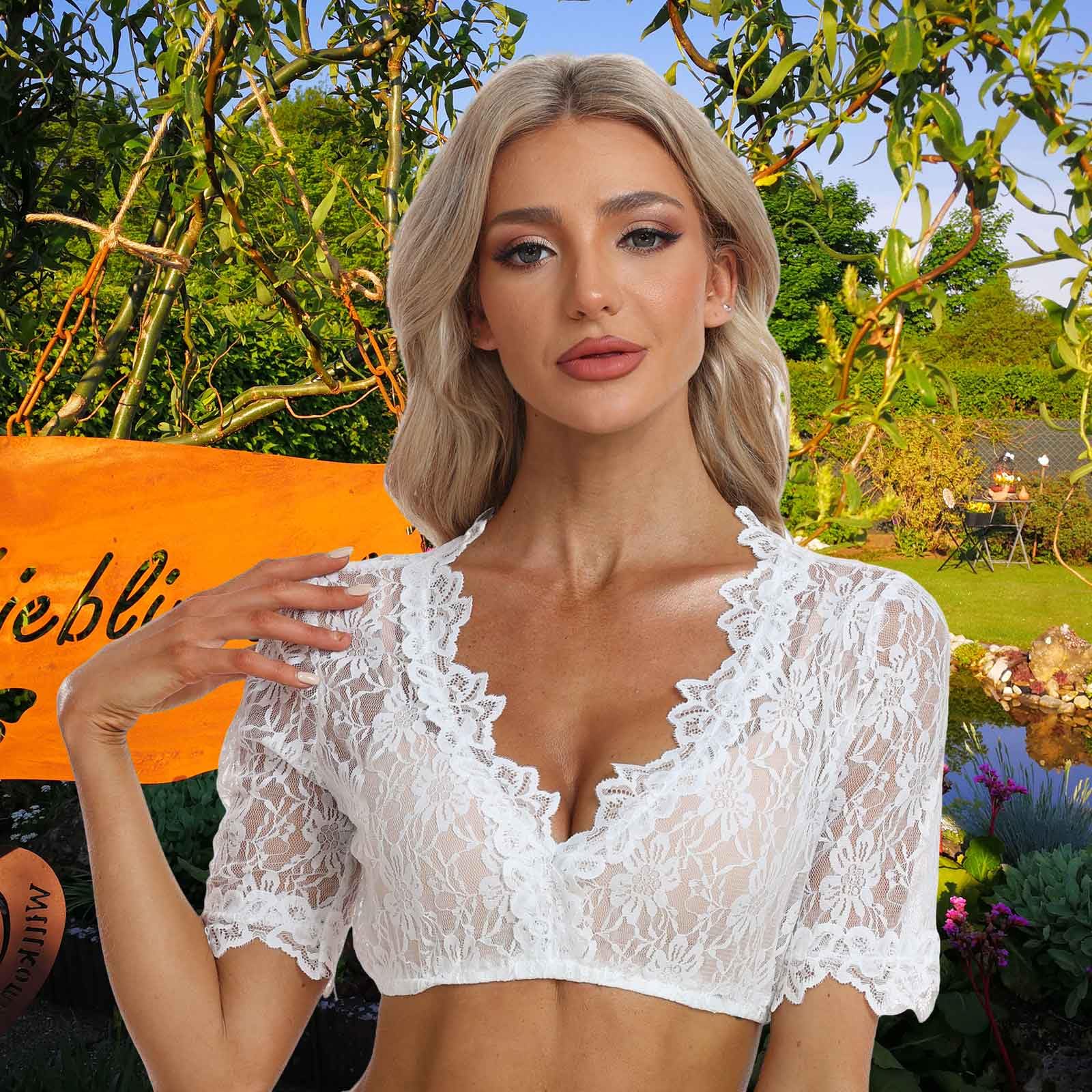 Jecarden Damen Dirndlbluse Spitze Trachten Dirndlbluse Kurzarm Oktoberfest Dirndlblusen Halbarm Tracht Bluse Weiß/Schwarz (34-48)
