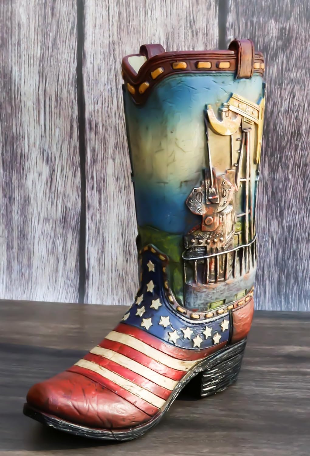 Ebros Gift Rustic Western Country Oil Derrick Rig Pump Jack USA American Flag Cowboy Boot Decorative Flower Bouquet Vase Or Planter Figurine 9" High Southwestern Centerpiece