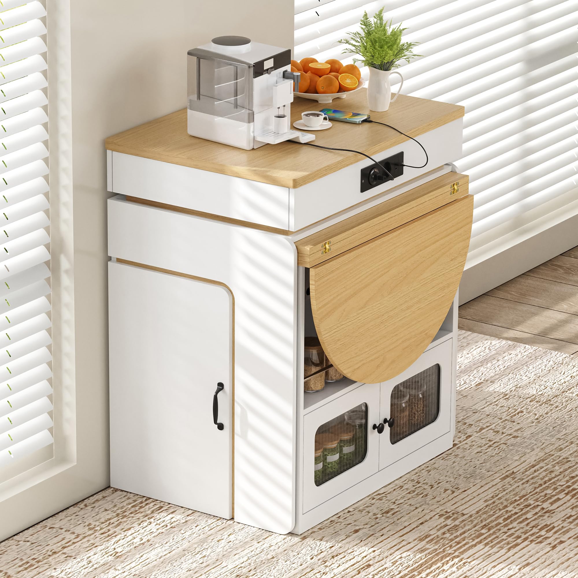 Isola da cucina con ruote, tavolo da pranzo allungabile, credenza con cassetti, credenza o tavolo da bar per cucina e sala da pranzo (bianco)