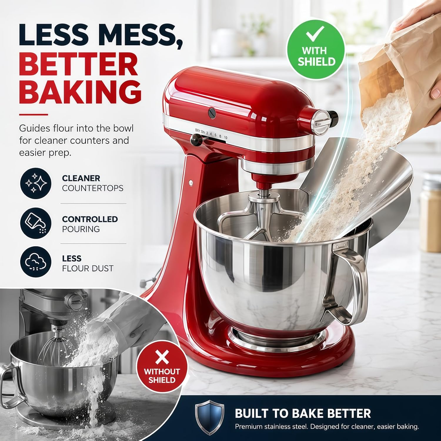 Stainless Steel Pouring Chute Compatible with KitchenAid Stand Mixer Metal Bowls, No-Spill Splash Guard Pour Shield for 4.5, 5, and 6 Qt Bowls, Easy Flour and Liquid Guide, Dishwasher Safe
