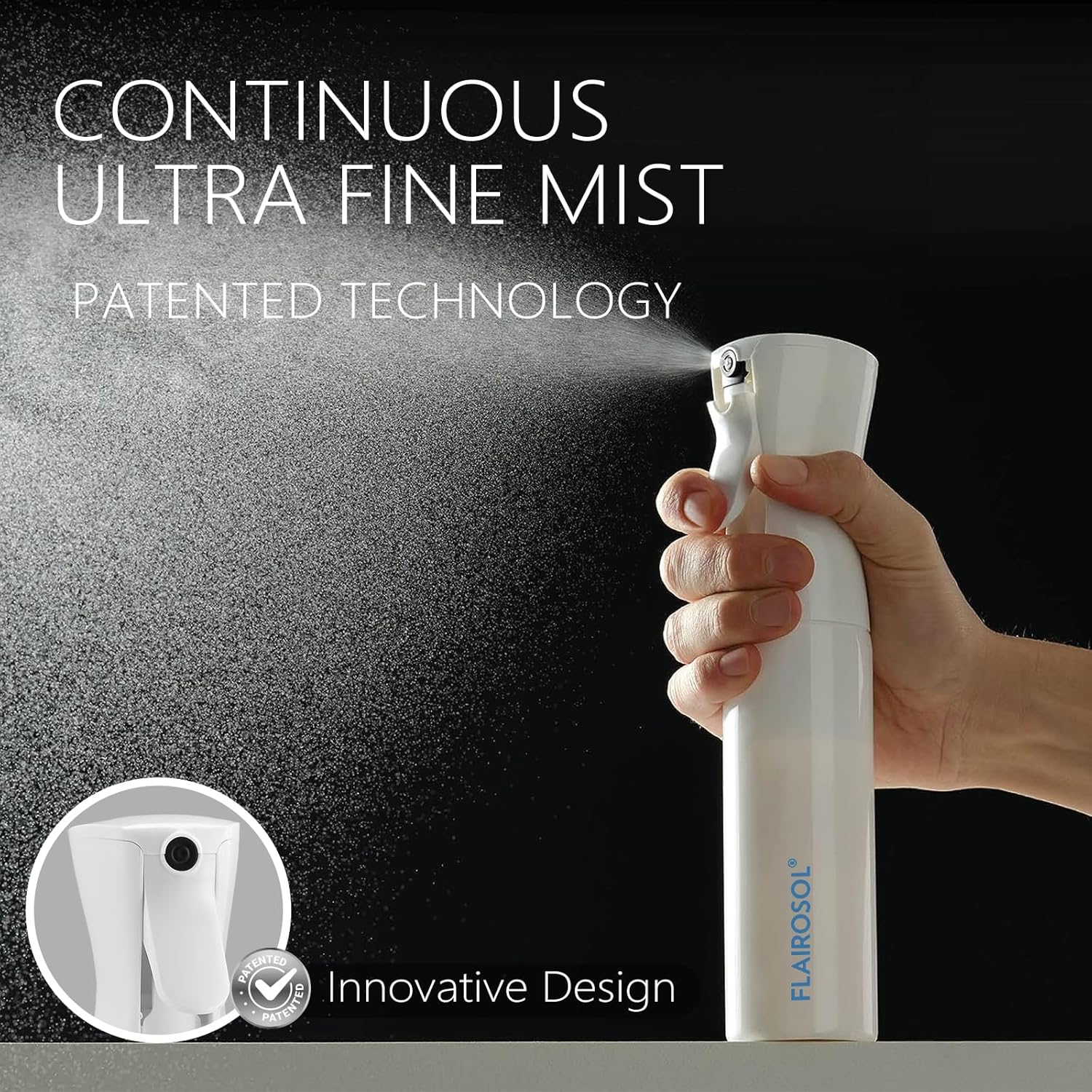 Hand holding FLAIROSOL spray bottle demonstrating continuous ultra-fine mist