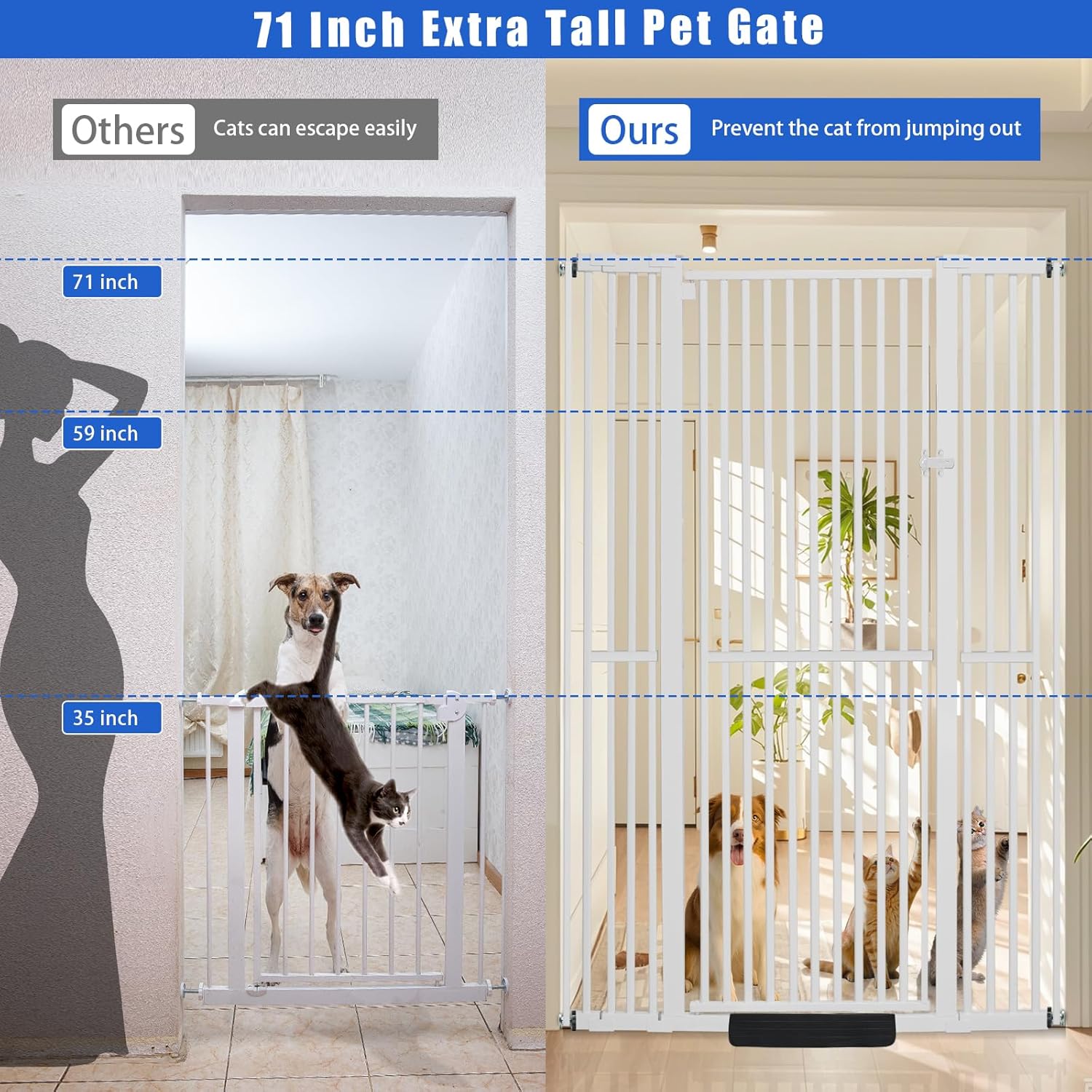 SHYUJAJIE 71 Inch Extra Tall Pet Gate for Cats, 29.5-48" Adjustable Wide Dog Gates, Pressure Mounted Walk Through Tall Cat Gate for Doorways,Hallway,Stairs,House（White）
