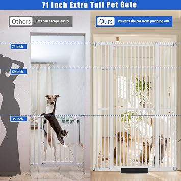 SHYUJAJIE 71 Inch Extra Tall Pet Gate for Cats, 29.5-48 Adjustable Wide Dog Gates, Pressure Mounted Walk Through Tall Cat Gate for Doorways,Hallway,Stairs,House(White)