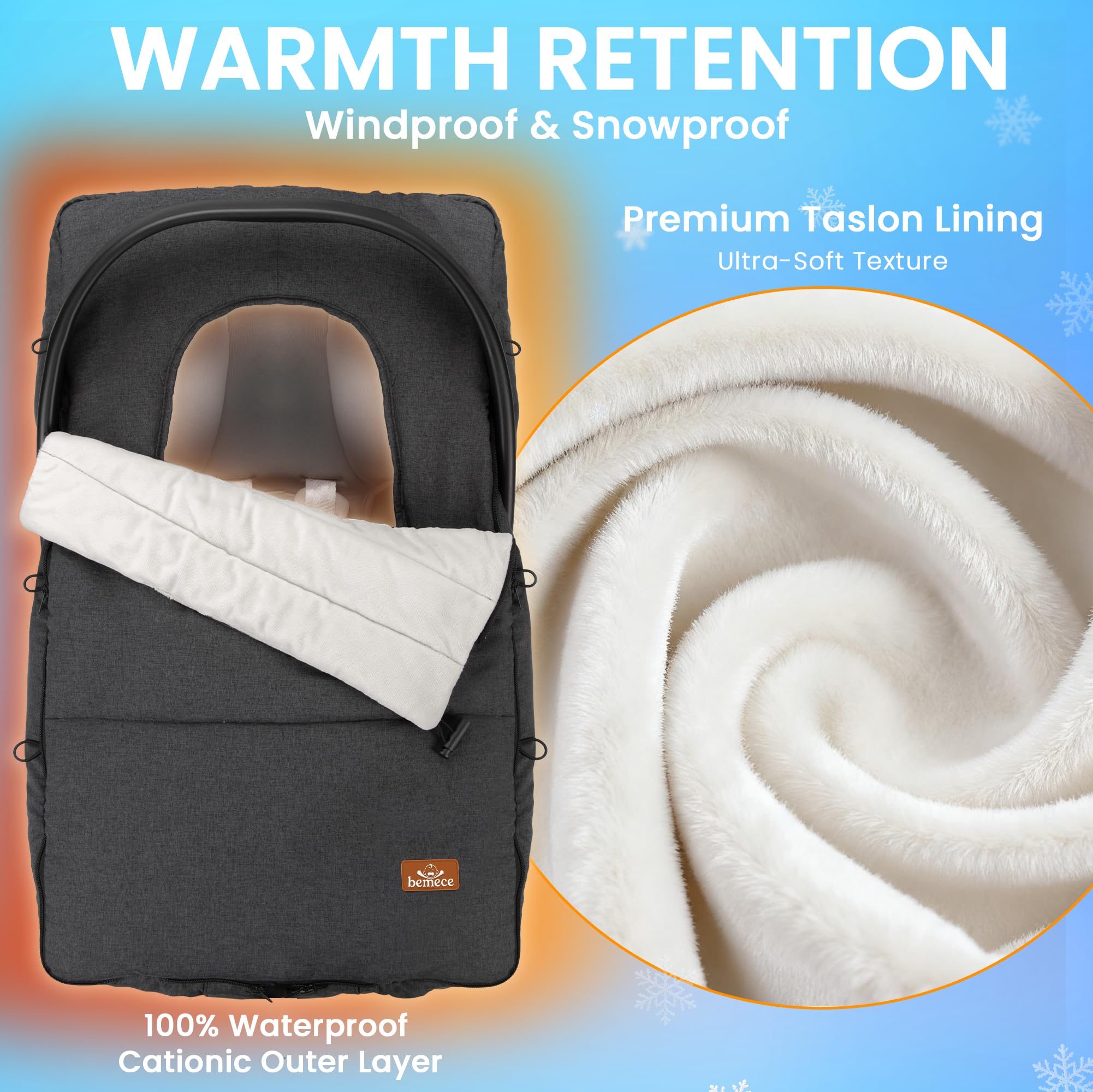 bemece Universal Fußsack Babyschale Winter, Wasserdicht & Winddicht, Für die Meisten Babyschalen Geeignet, Waschmaschinenfest - Dunkelgrau