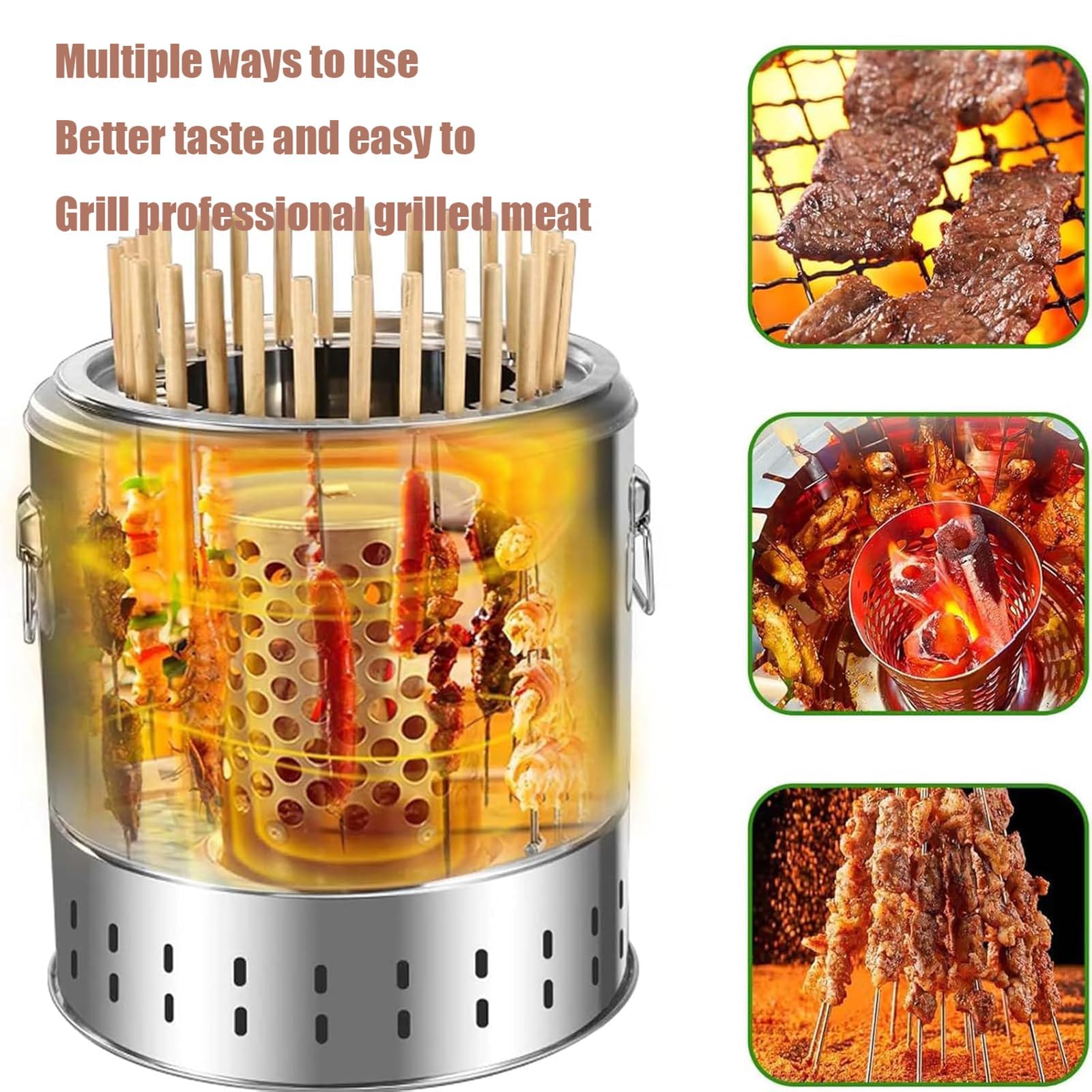 Barbecue portatile a carbone con spiedini | Fusto in acciaio inox a doppio strato con separazione olio-fuoco e circolazione del calore a 360° per cucinare all'aperto