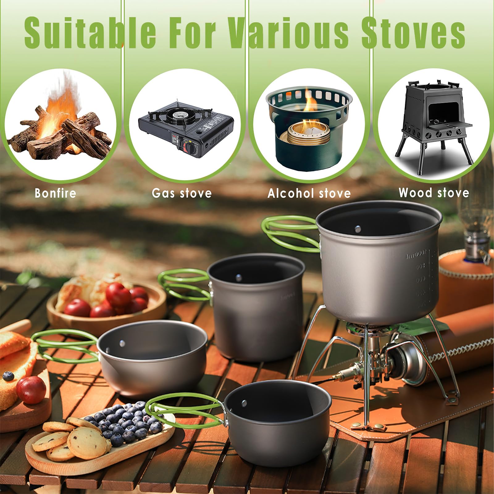 Pentola da Campeggio per Fuoco, Portatile Pentole Set, Utensili da Cucina da Campeggio, Fornello da Campeggio per 1-2 Persone, per Campeggio, Cucina All'Aperto, l'Escursionismo, Viaggi