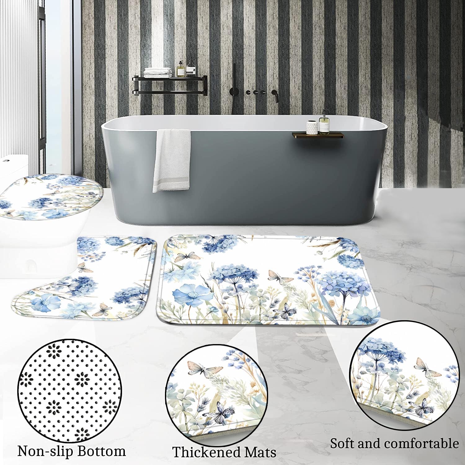 4-Piece Blue Floral Shower Curtain Butterfly Flowers Bathroom Set with Shower Curtain and Rugs, Blue White Bath Set with Hooks for Farmhouse Home Decor