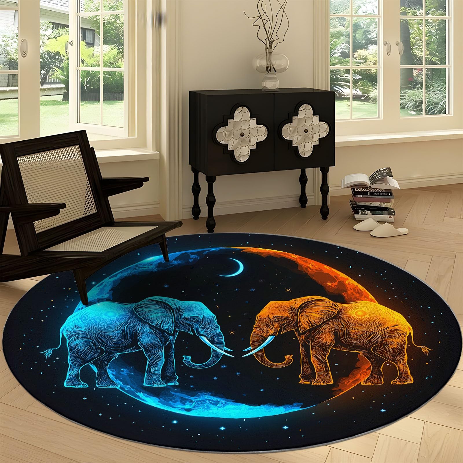 Générique Noir Antidérapant Tapis Rond 150 cm, Animaux Fantastiques Éléphant Lune Lavable en Machine Tapis Rond, Moquette de Salon et Chambre Doux et Confortable, Idéal pour Intérieurs décoration