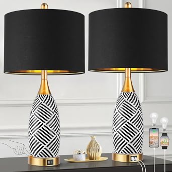 25.5" Touch Control Black and Gold Lamp,3-Way Dimmable Modern Ceramic Table Lamps with USB & Type-C Ports,Classic Black/White Striped Bedside Lamps for Bedroom Living Room OfficeBulbs Included