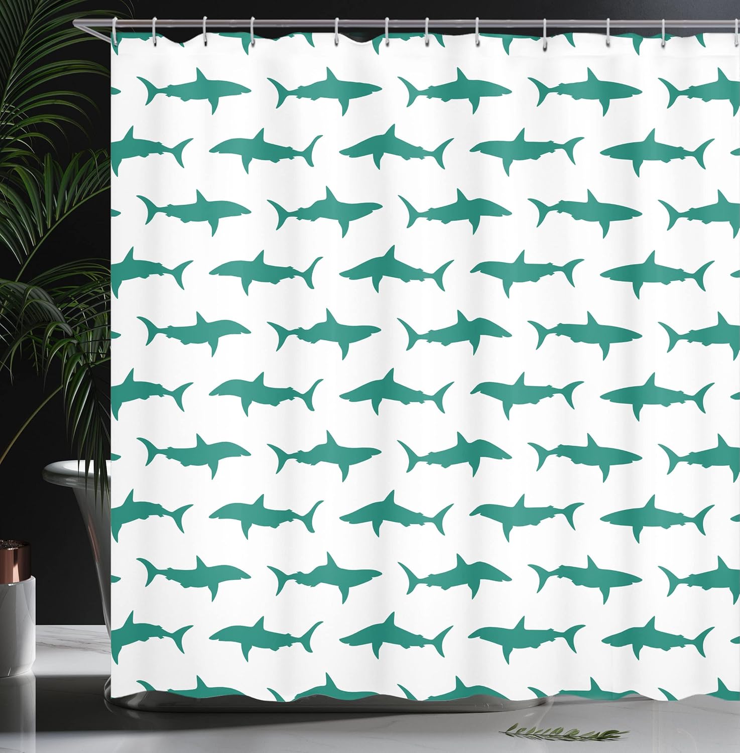 Ambesonne Sea Animals Shower Curtain, Sharks Swimming Horizontal Silhouettes Powerful Dangerous Wild Life, Cloth Fabric Bathroom Decor Set with Hooks, 69" W x 70" L, Teal White