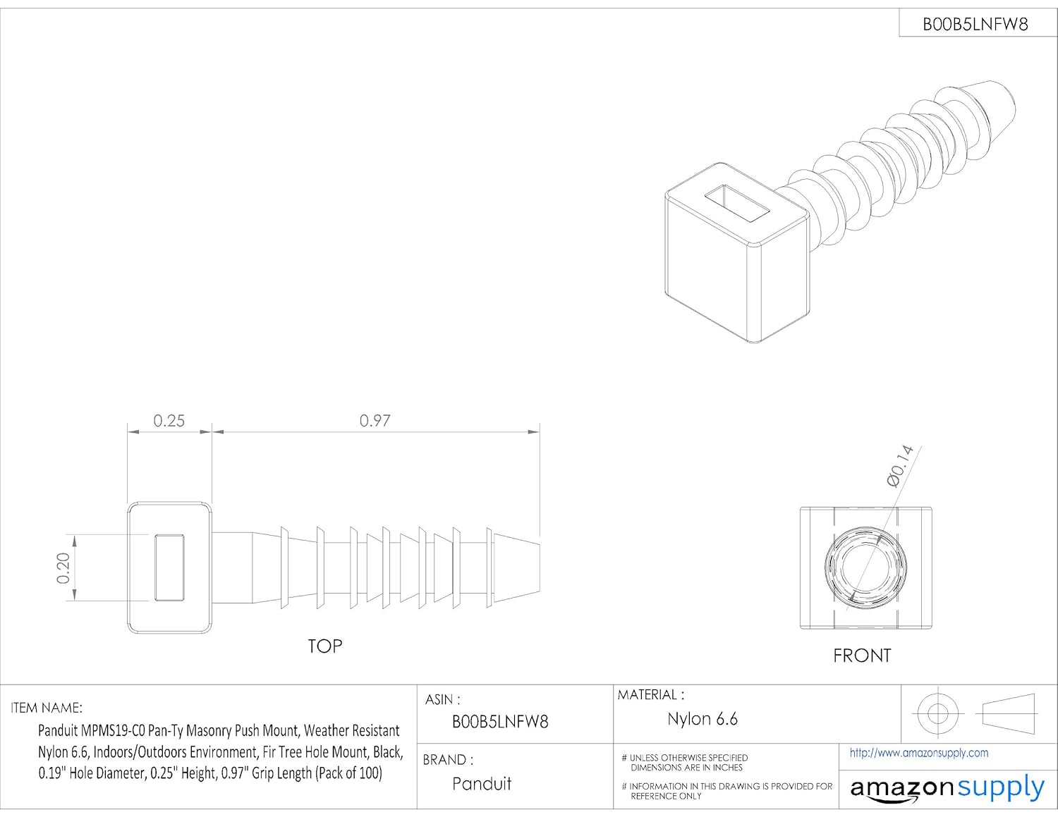 Panduit MPMS19-C0 Pan-Ty Masonry Push Mount, Weather Resistant Nylon 6.6, Indoors/Outdoors Environment, Fir Tree Hole Mount, Black, 0.19" Hole Diameter, 0.25" Height, 0.97" Grip Length (Pack of 100)