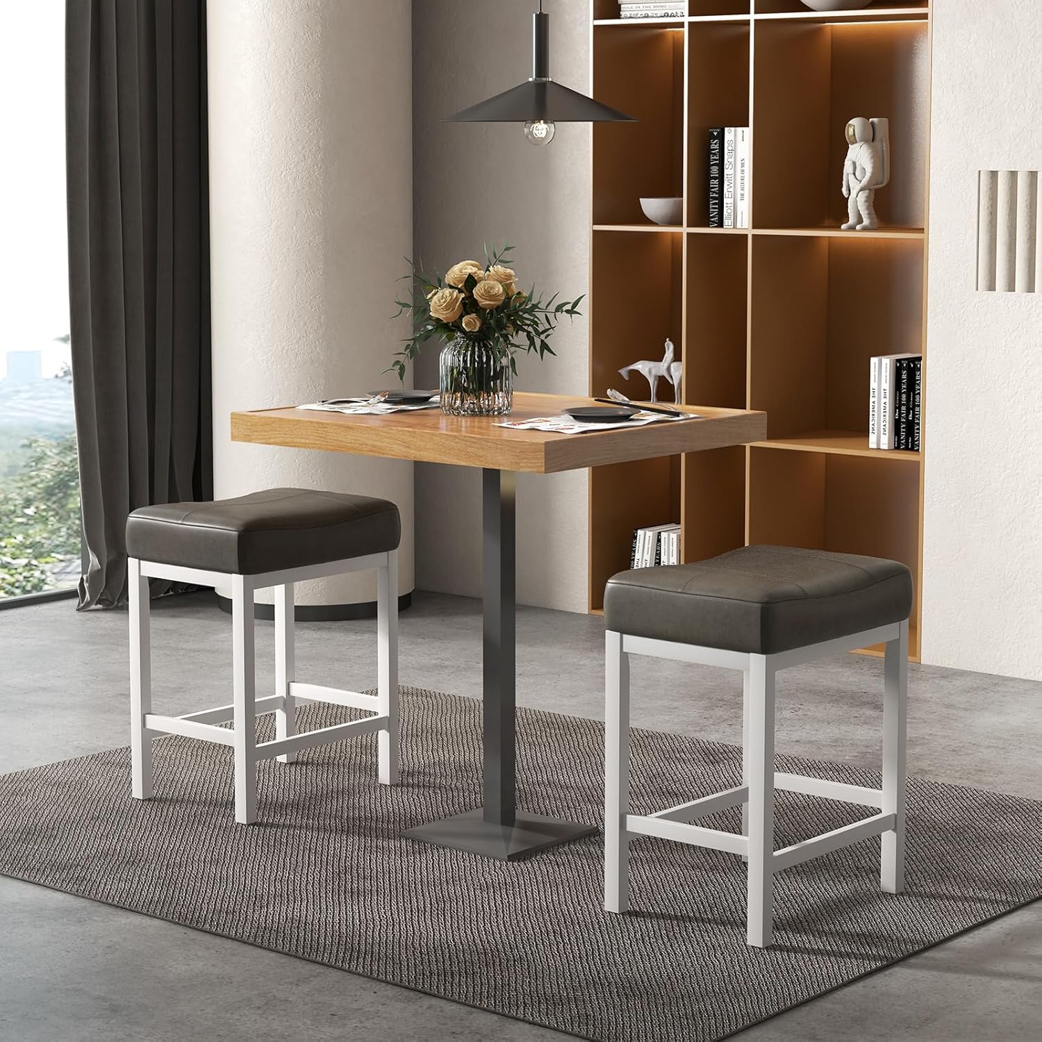 COSTWAY 24.5" Bar Stool Set of 2, Upholstered Breakfast Stools w/Solid Rubber Wood Frame, Humanized Footrest, Modern Saddle Counter Height Stools for Kitchen, Home Bar, Pub, Dark Grey+White