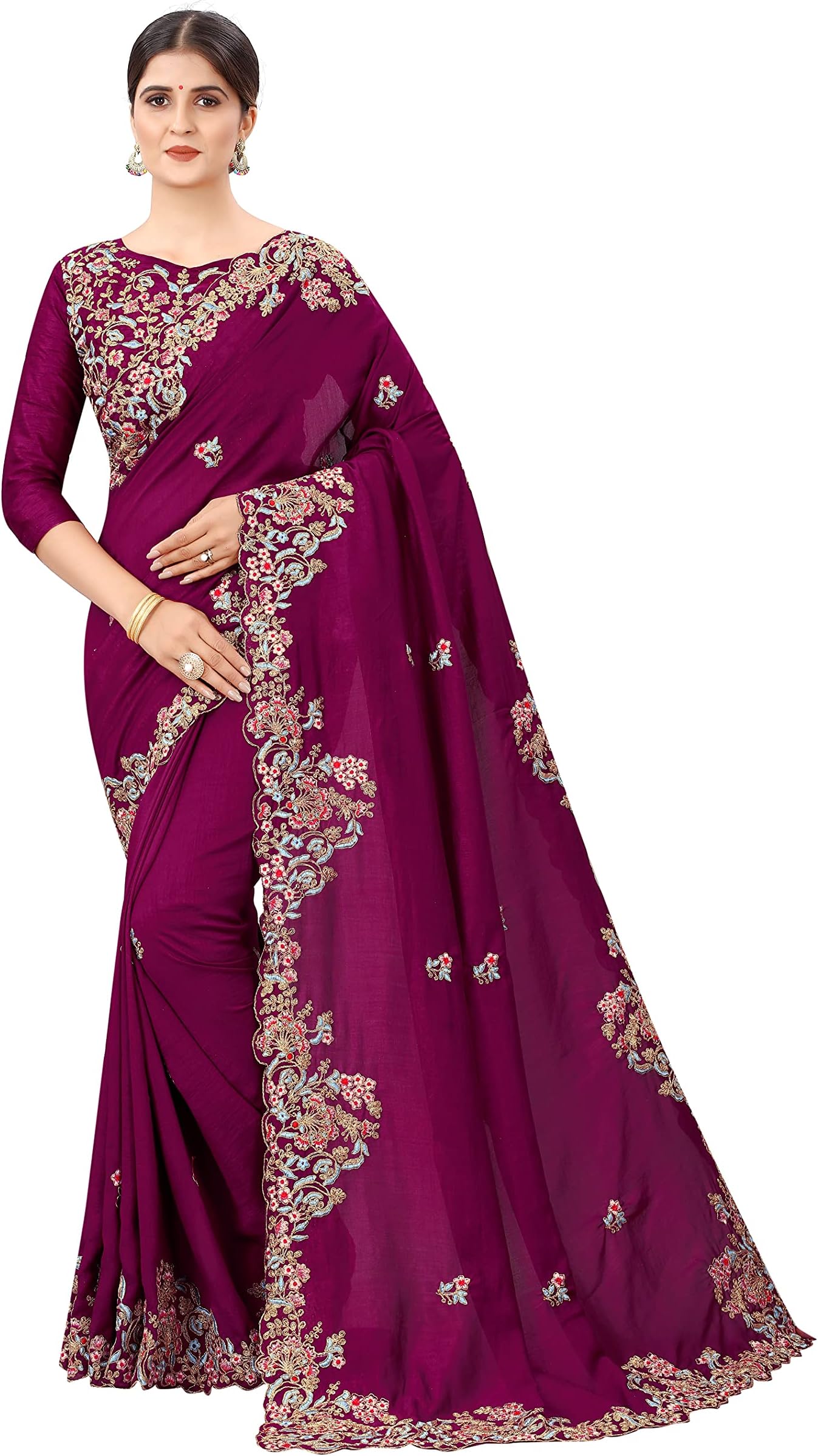 CLEMIRA Women's Vichitra Saree With Dupion Silk Blouse Piece