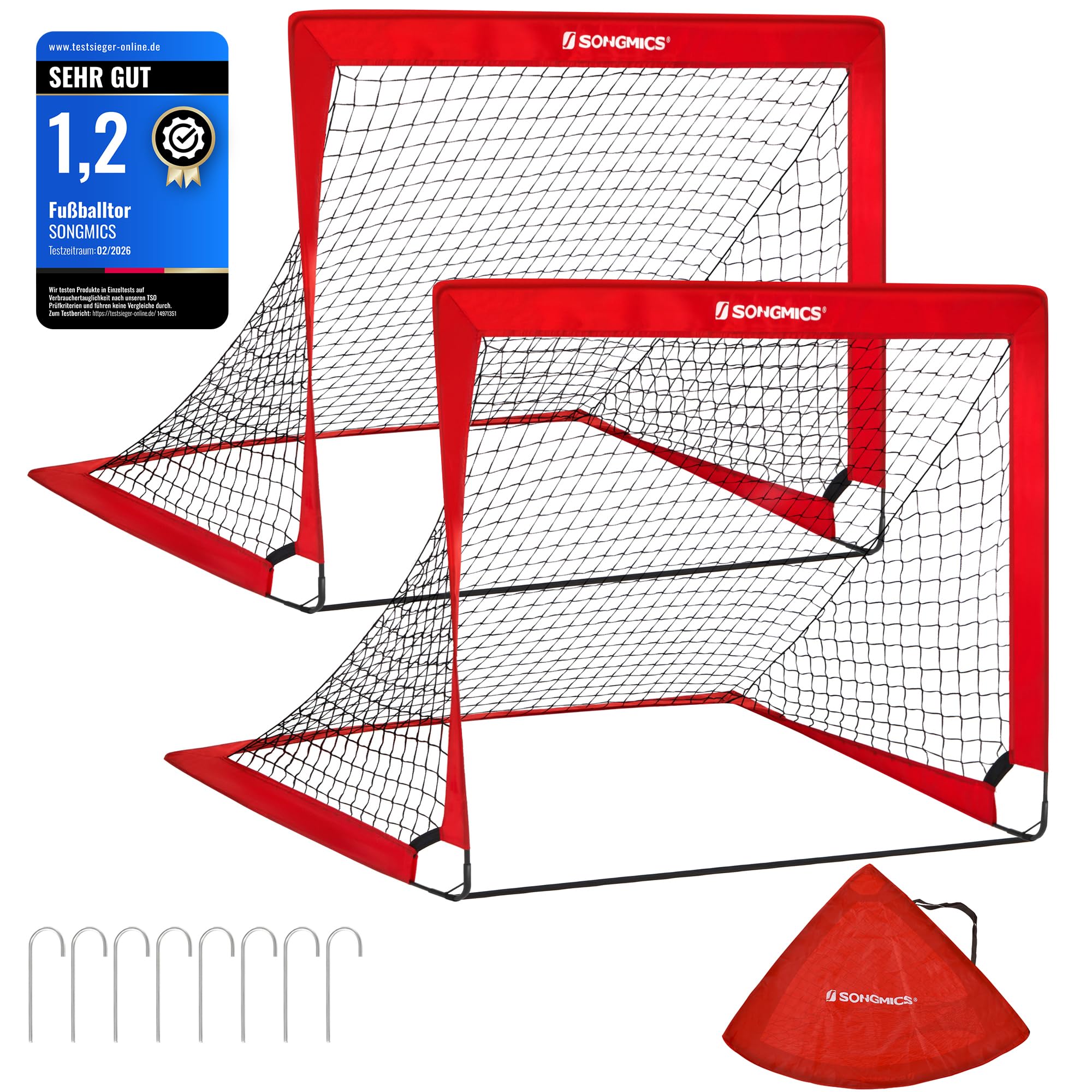 SONGMICS Fußballtor Kinder, 2er Set, Pop-up Tor, 90 x 120 x 90 cm, schneller Aufbau, für Garten, Park, Strand, Haltestangen aus Glasfaserstäben, Oxford-Gewebe und Polyesternetz
