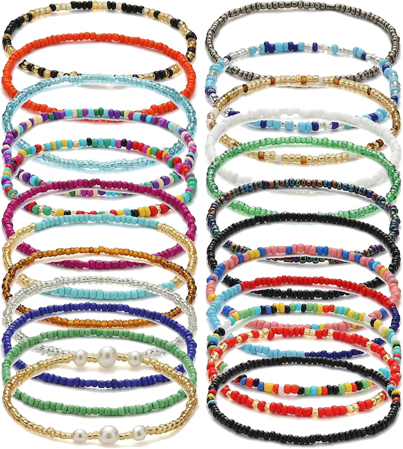 Taouzi 24PCS Beaded Anklets for Women Handmade Boho Beaded Ankle Bracelets Colorful Beads Foot Anklets for Women