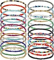 Taouzi 24PCS Handmade Boho Beaded Anklets for Women - Colorful Elastic Ankle Bracelets Beach Party Accessories