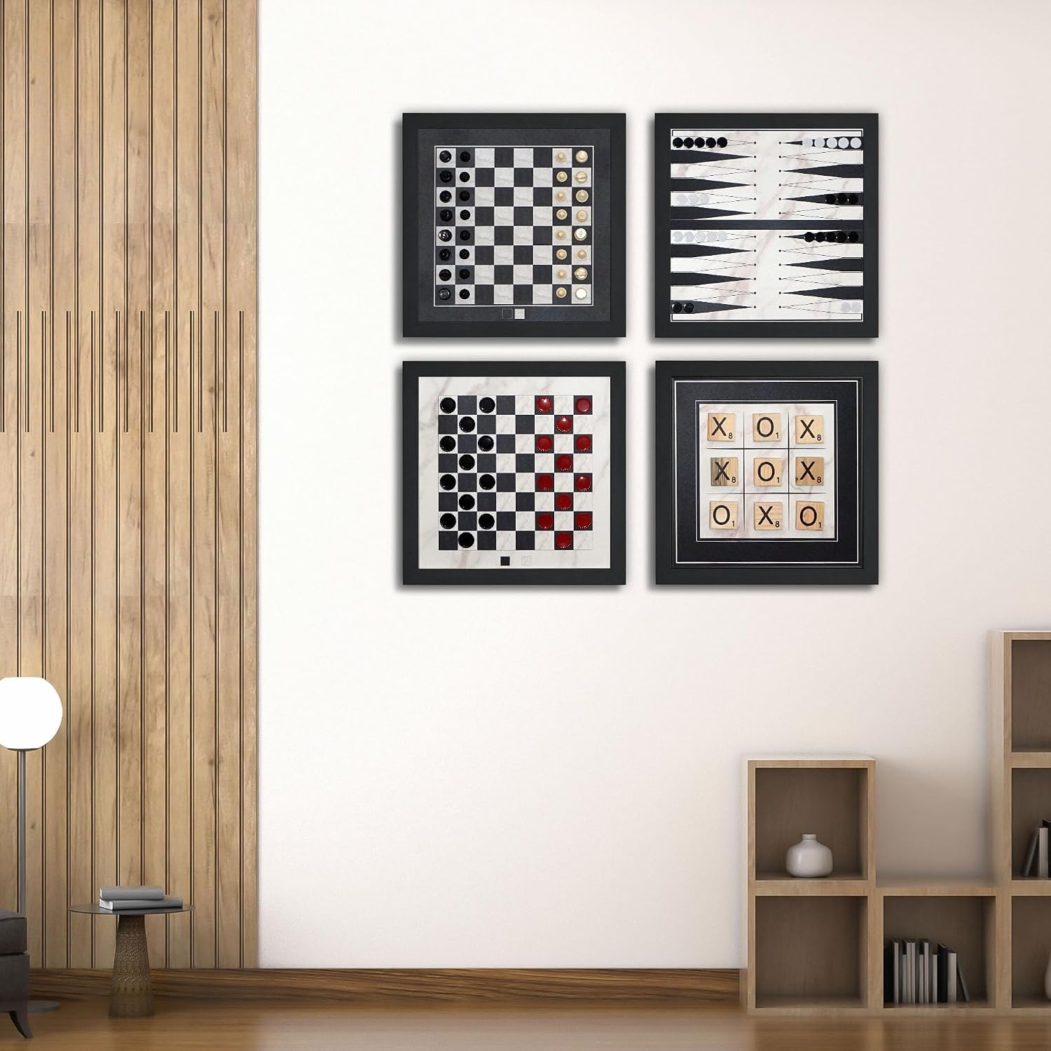 Magnetic Canvas Game Set. Chess/Checkers/Backgammon/TIC TAC Toe. Decrotive Game Sets use an mounting System That Gives Easy Access to Them. (Black and White)