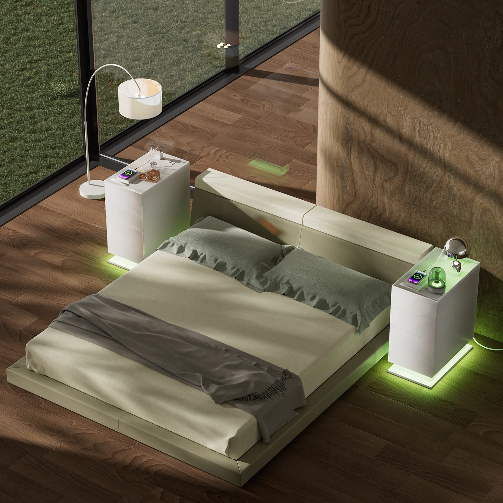 Comodino Moderno con Luci LED, Comodino Stretto con Stazione di Ricarica, Tavolino con 3 Cassetti, Libreria sul Retro, Cassetto Stretto Tavolino Divano