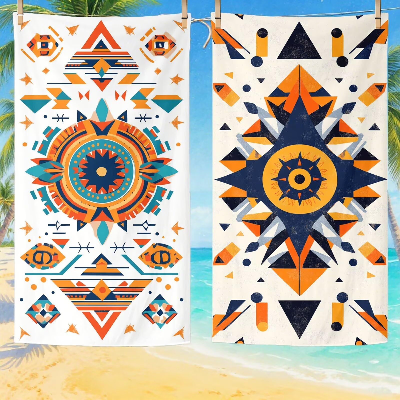 Strandtuch XXL 100x200, Mikrofaser Handtuch mit Sandfrei Schnelltrocknendes und Strand Sonnenschutz Funktion für Travel Gym Camping, Strand Zubehör, Geschenke für Frauen, 2 Pack Geometrie Q-420