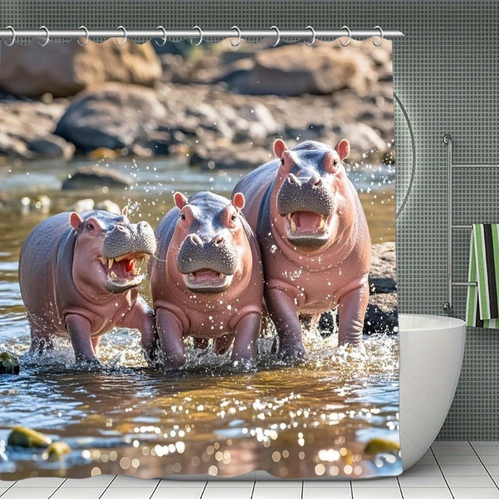 FekiLoot Hippos Shower Curtain Minimalist Aesthetic Bath Curtain with Hooks Simple Water Resistant Bathroom Shower Curtains Cute Blackout Privacy Curtains Cloth Curtain