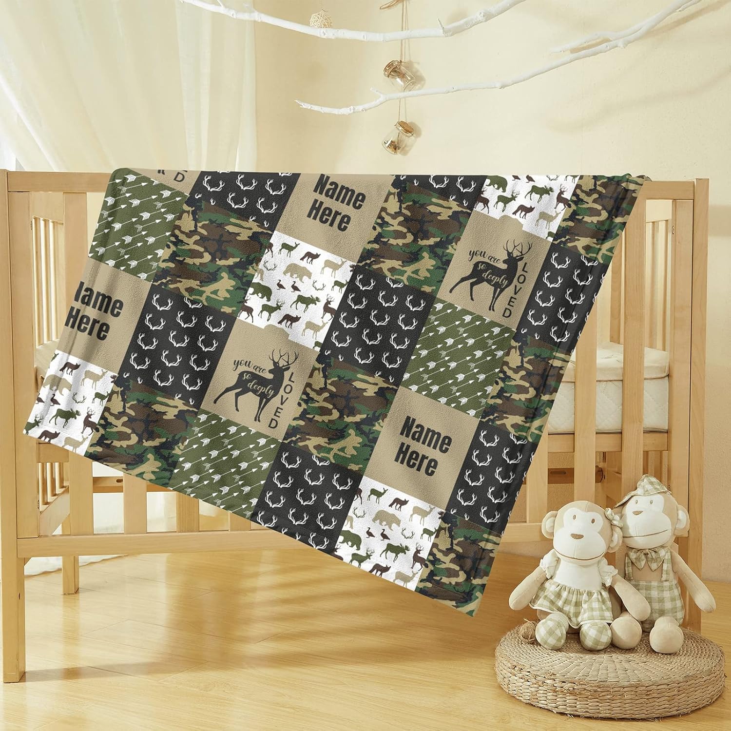 Woodland Deer Personalized Baby Blanket with Name, Deer Baby Blanket, Custom Minky Swadding Blankets for Kids Boys, Patchwork Blanket, Soft Plush Toddler Baby Newborn Blankets, Registry Gifts
