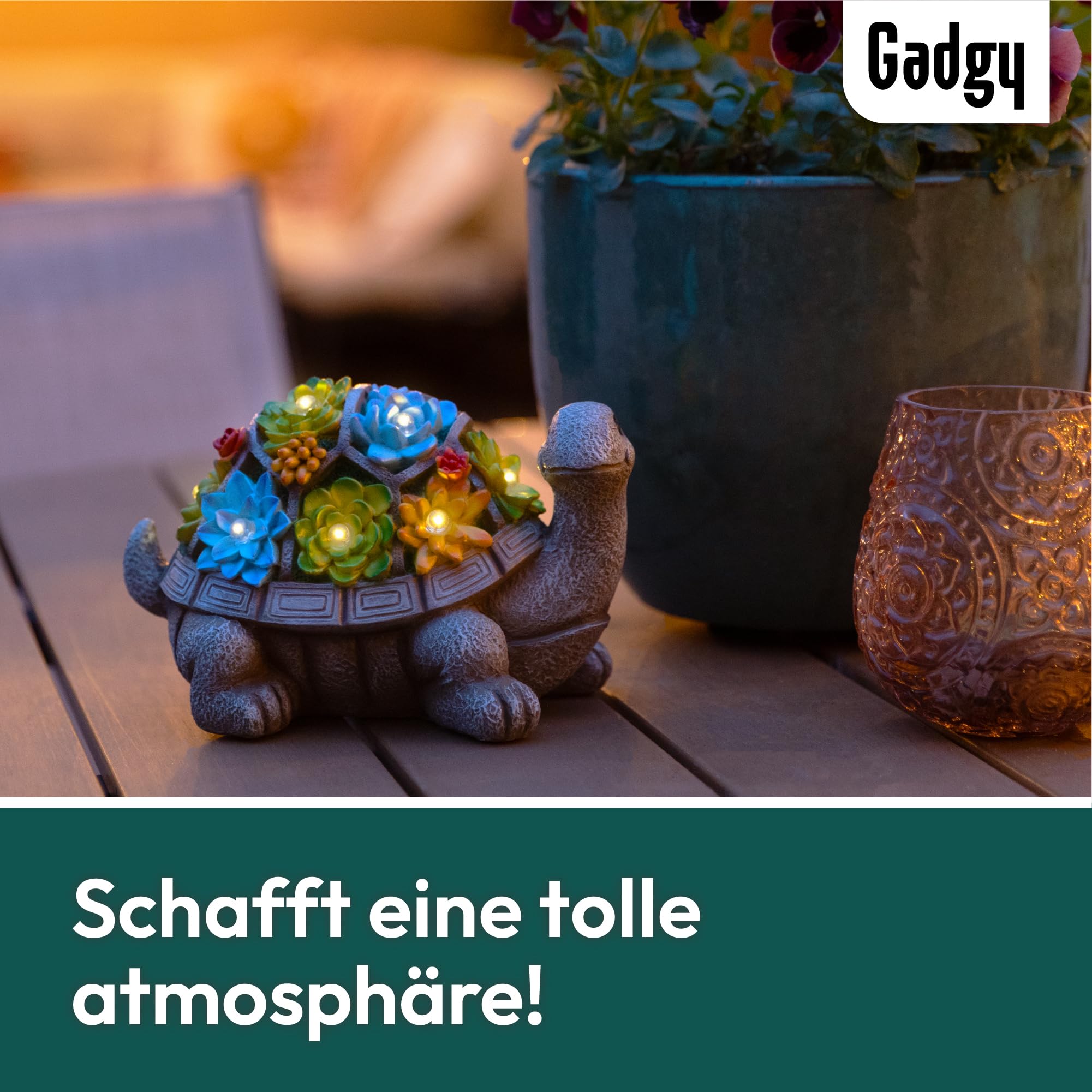 Gadgy Solar Gartenfiguren Schildkröte - Solarlampen für außen - Solarleuchte Figuren Deko mit Sukkulenten - Gartendeko für draußen - Balkon Deko Tierfigur - Gartenfigur Ornament Solarlaterne