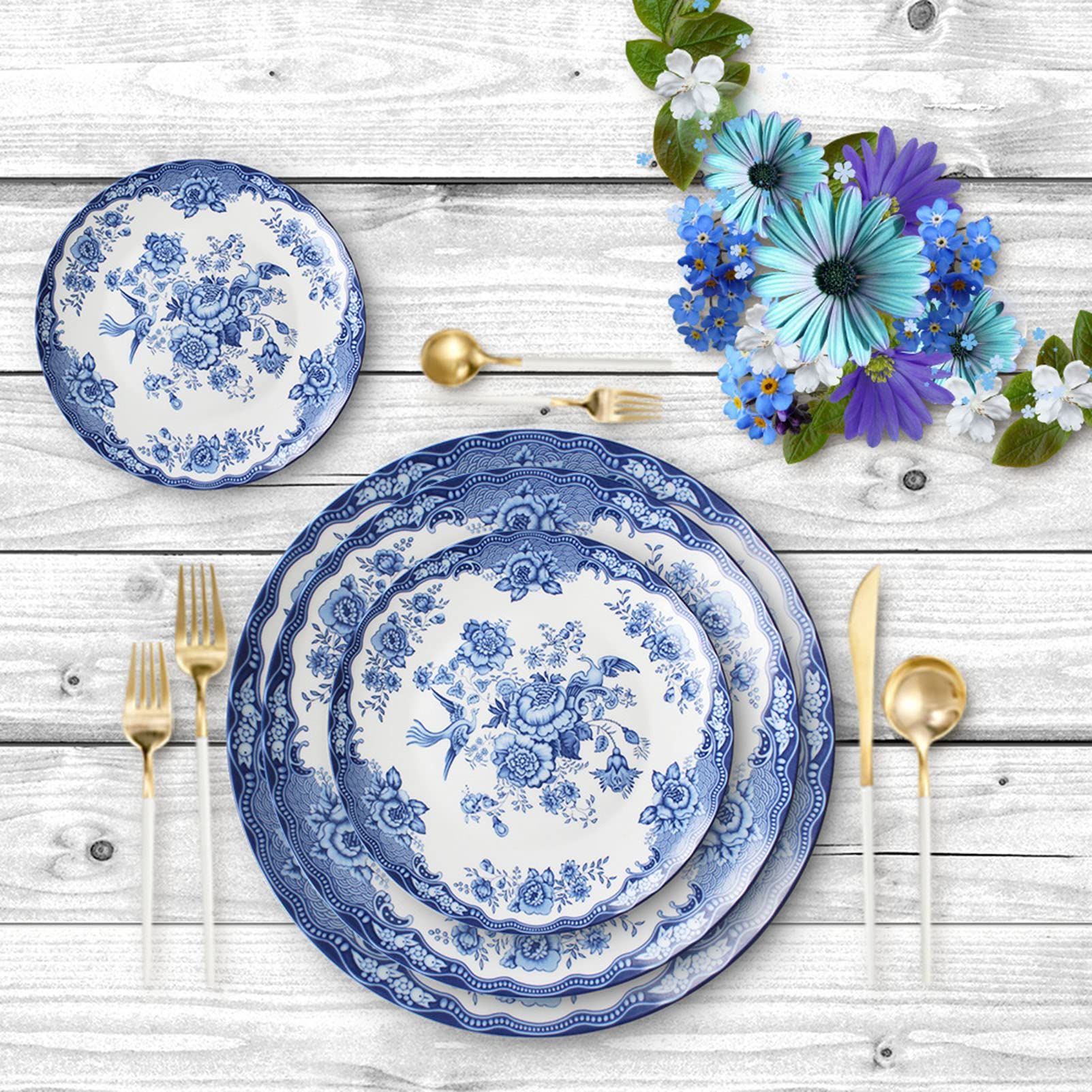 Servizio Da Tavola In Porcellana Bone China Da 11 Pezzi Dipinti Di Fiori E Uccelli Phnom Penh Servizio Da Tavola Blu Piatto Da Banchetto Con Piatti Da Dessert Piatti Da Tavola Tazza