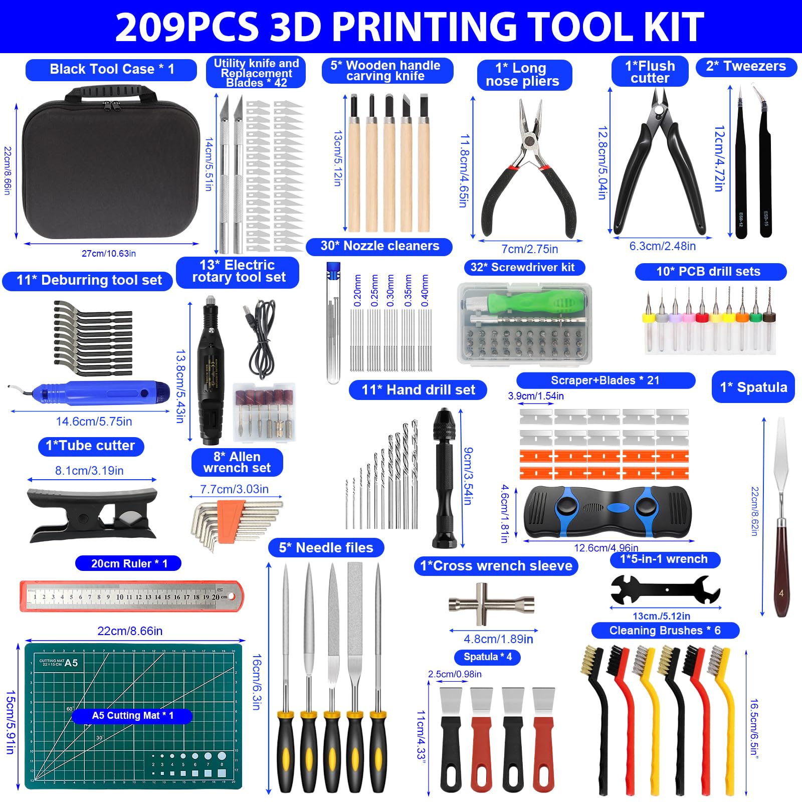 Modellbau Werkzeug Set 209 Stück 3D Drucker Zubehör Reinigungsset Entgrater Werkzeug Pinzetten Zangen 3D Druck Werkzeug für Modellbau und 3D-Druck