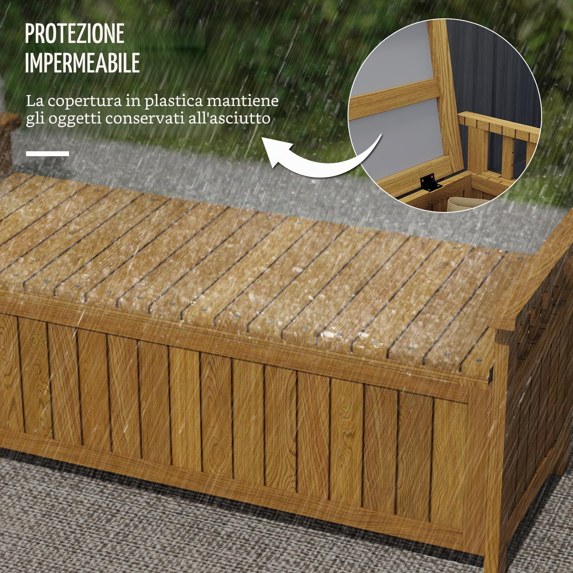 Outsunny Panchina esterno legno con cassetto 128,5x52,1x53,6 cm marrone | Cassetta da ingresso da 40 galloni, braccioli, panca contenitore, per patio, giardino, balcone.