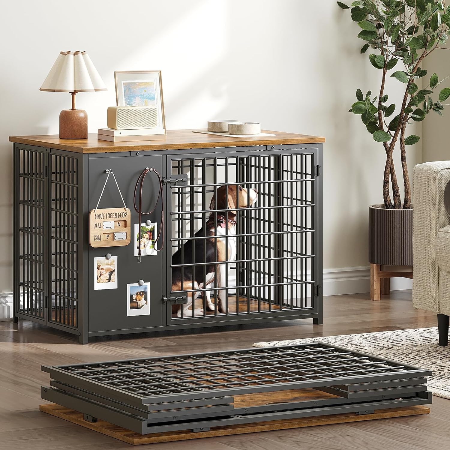 Foldable Dog Crate Furniture, Dog Crate with DIY Frame, Heavy Duty Dog Kennel Indoor with Hooks, Wooden Dog Cage End Table, for Small/Medium Dogs, Rustic Brown and Black DC95BR 37.4"L x 23.6"W x 26"H Rustic Brown + Black