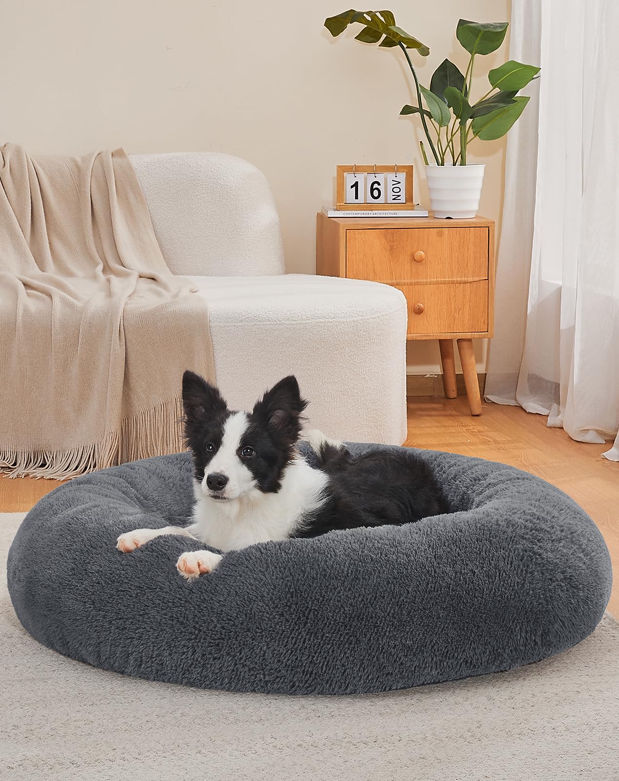 OhGeni Calming Donut Dog Bed Pillow for Large Pets, Machine Washable Removable Cover, Comfort Plush Fluffy Faux Fur with Anti-Slip Bottom, Cats-Friendly Round Cuddly Design, Gray, 36 inches