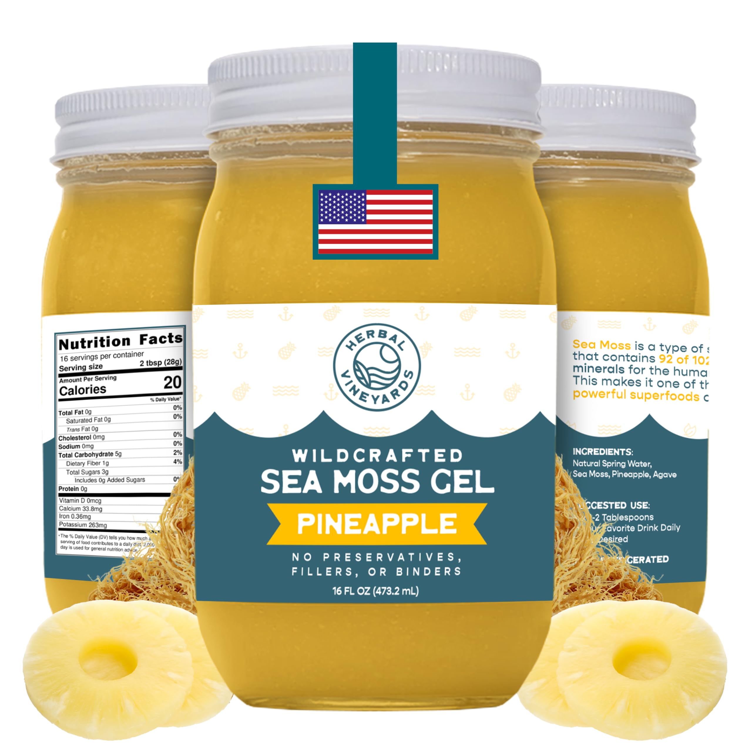 Herbal Vineyards Wildcrafted Irish Pineapple Sea Moss Gel 16 Oz - Organic Seamoss Gel Made with Dried Seaweed & Fresh Sea Vegetables, Natural & Plant-Based, Harvested in Pristine Waters, USA