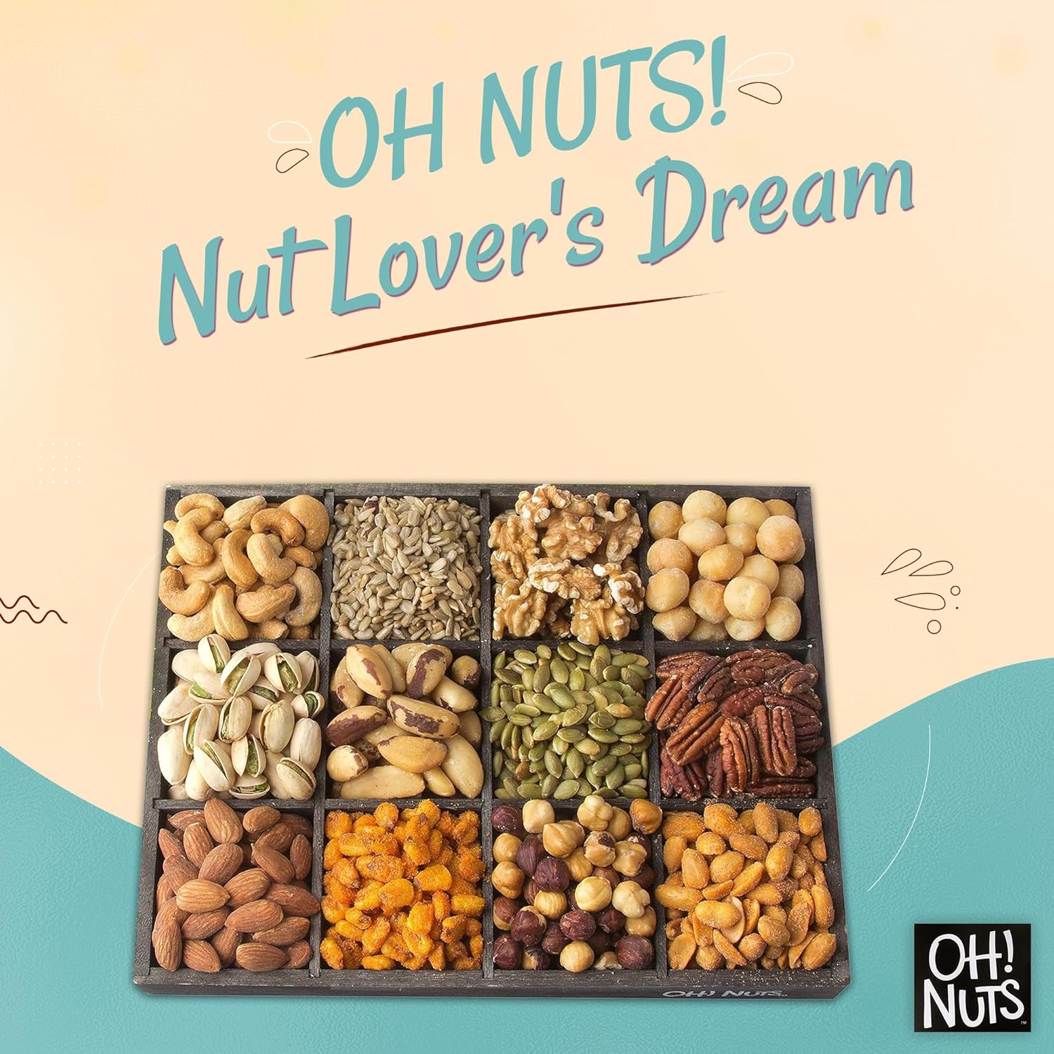Oh! Nuts 12 Variety Nuts Gift Basket - Healthy Gift Baskets - Gourmet Assorted Nuts Tray - Gift Box for Holiday, Movie Night, Corporate, Families - Gift Ideas for Men and Women