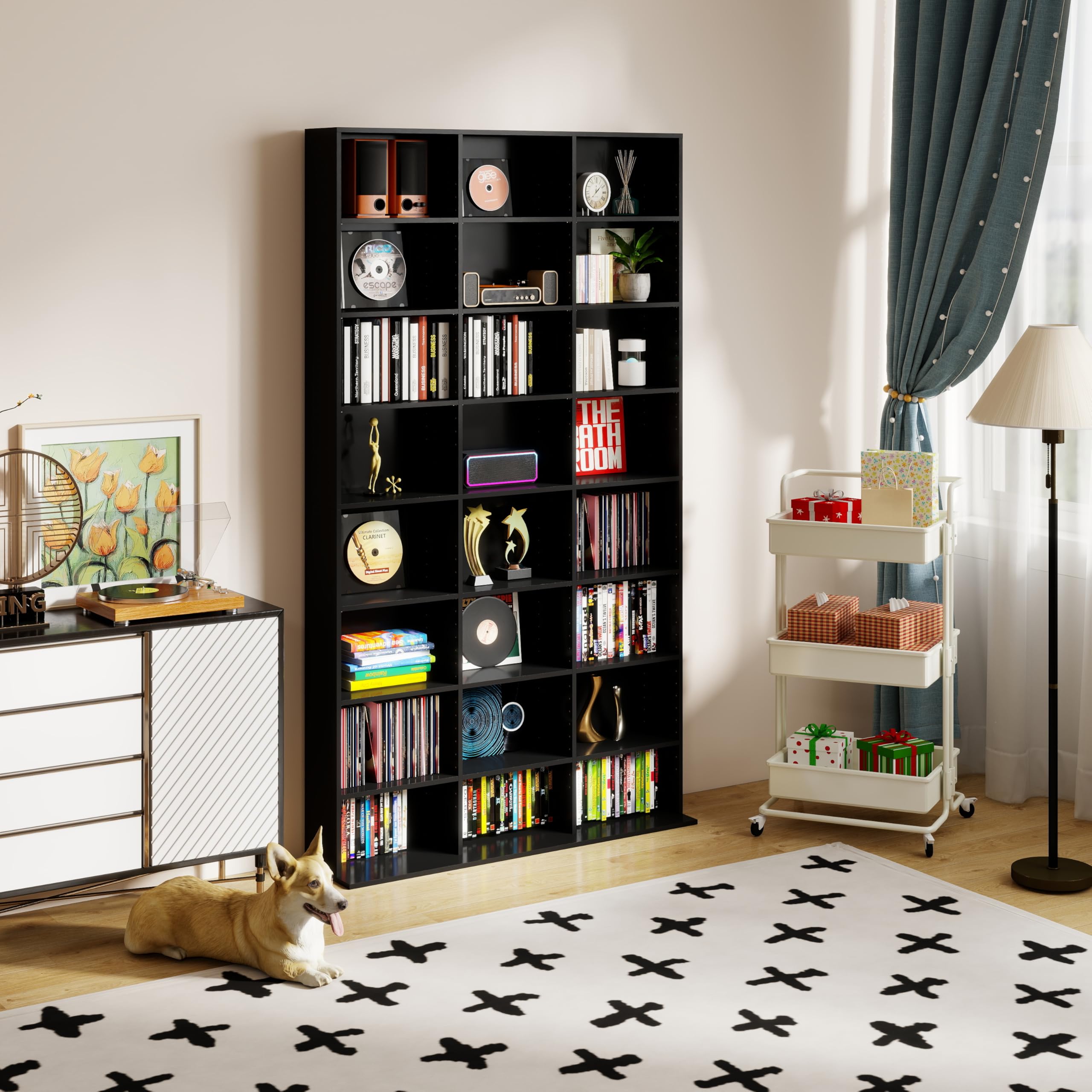 Mobile Porta CD con Ripiani Regolabili, Porta DVD a Colonna, Mobiletto DVD, 24 Scomparti, Vetrina da Collezione, adatto per Ufficio, Soggiorno e Studio, 102 x 23.5 x 180cm, Nero