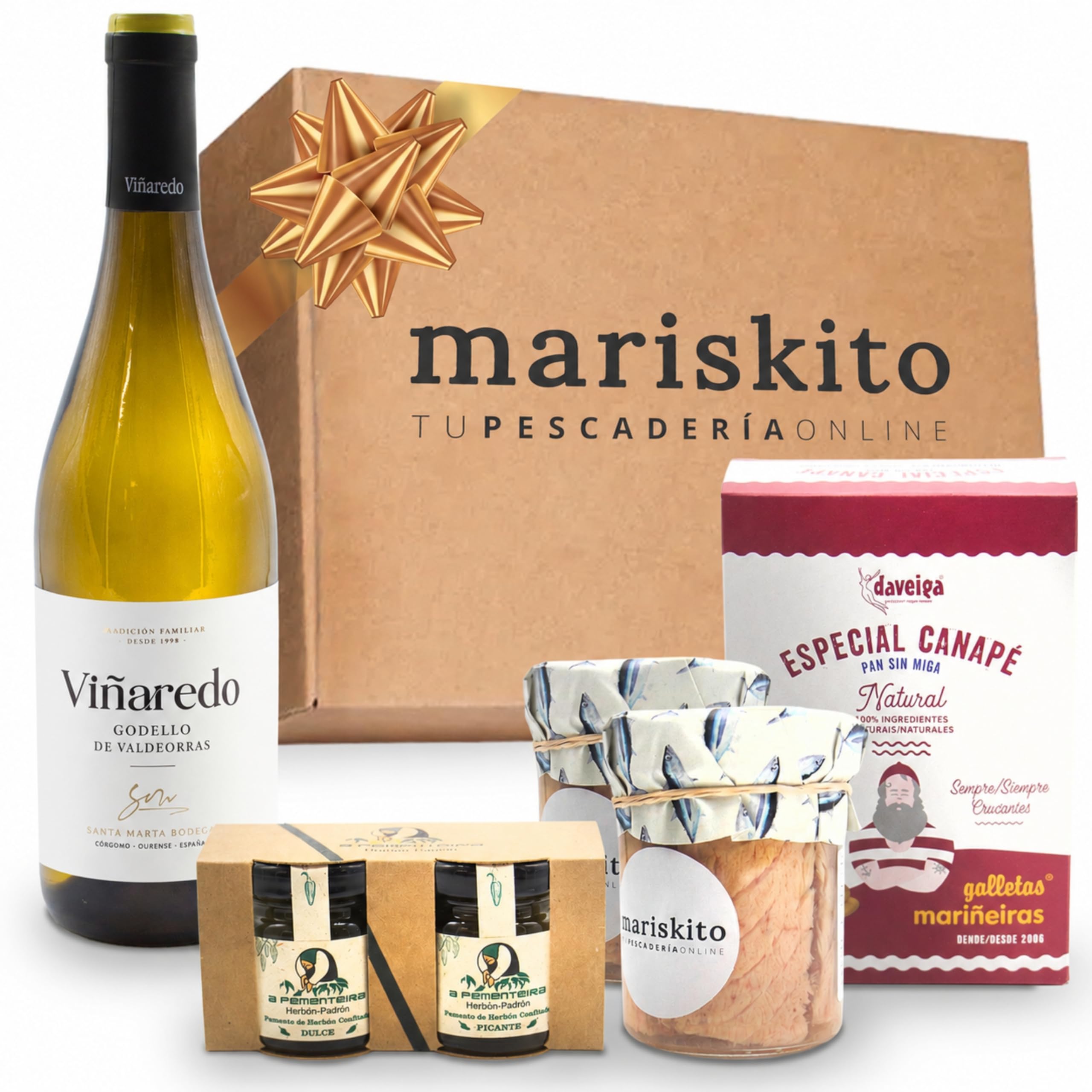 MARISKITO | Caja Regalo Gourmet con Vino Godello, 2 Tarros de Bonito, Mermelada de Pimiento y Mariñeiras – Pack Delicatessen Gallego para Regalar – Lote Gourmet para Navidad, Empresas y Celebraciones