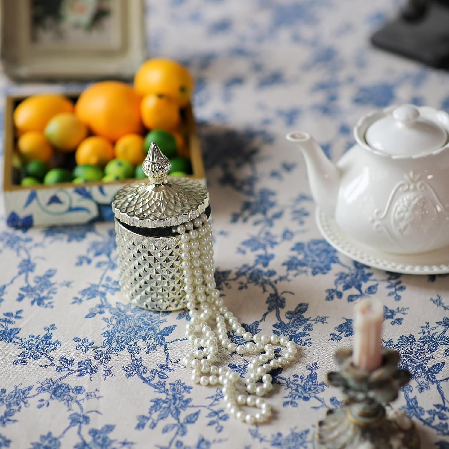 ARTMAGIC Cotton Linen Tablecloth Vintage Blue Floral Pattern Embroidery White Lace Washable Rectangle Table Cloths French Country Decor for Home Holiday Party Picnic (Blue Floral, 60"x120")