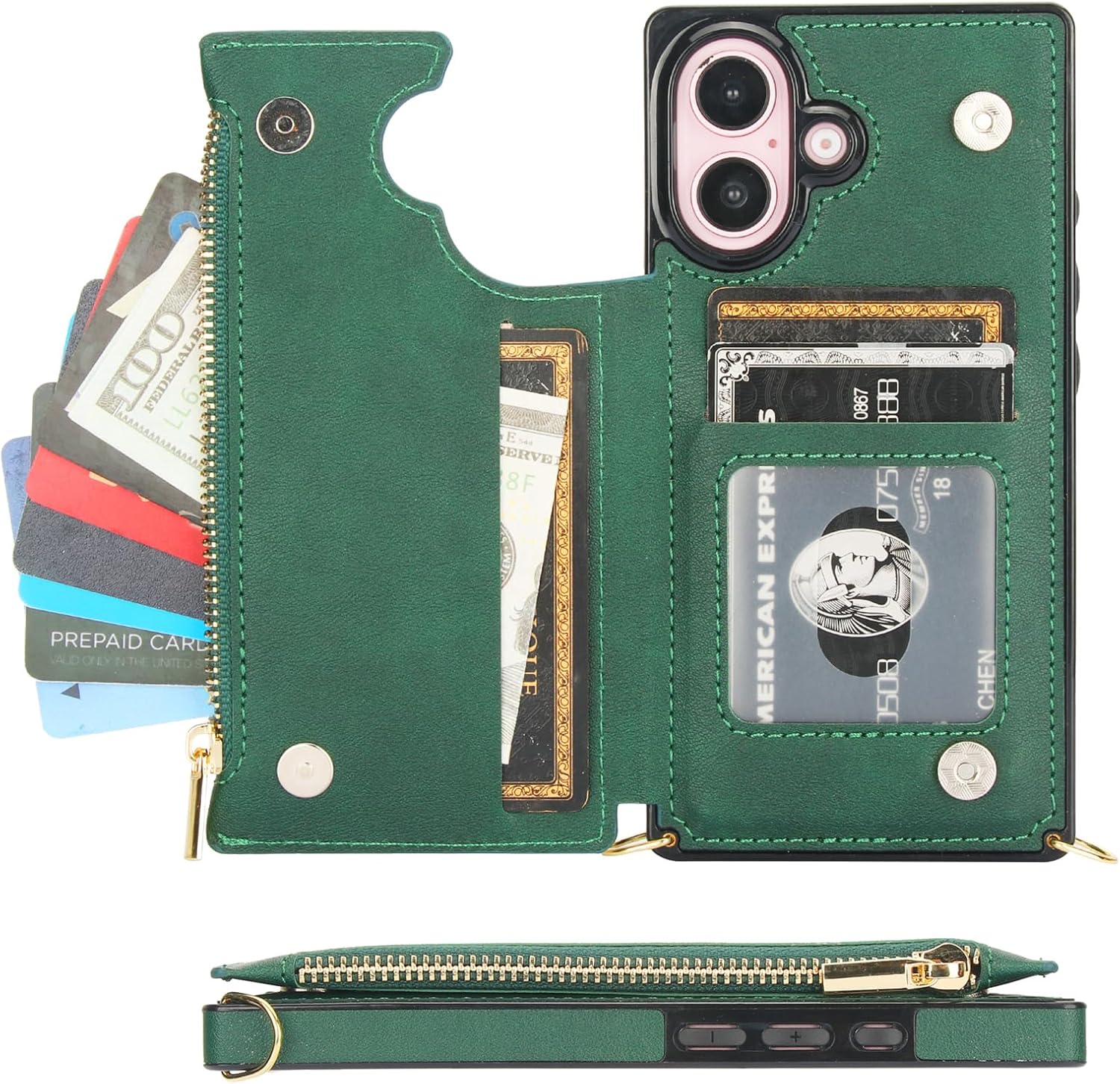 Bocasal Crossbody Wallet Case for iPhone 16 with RFID Blocking Card Slot Holder, Magnetic Flip Folio Purse Case, PU Leather Zipper Handbag with Detachable Lanyard Strap 6.1 Inch 5G (Green) - Image 7