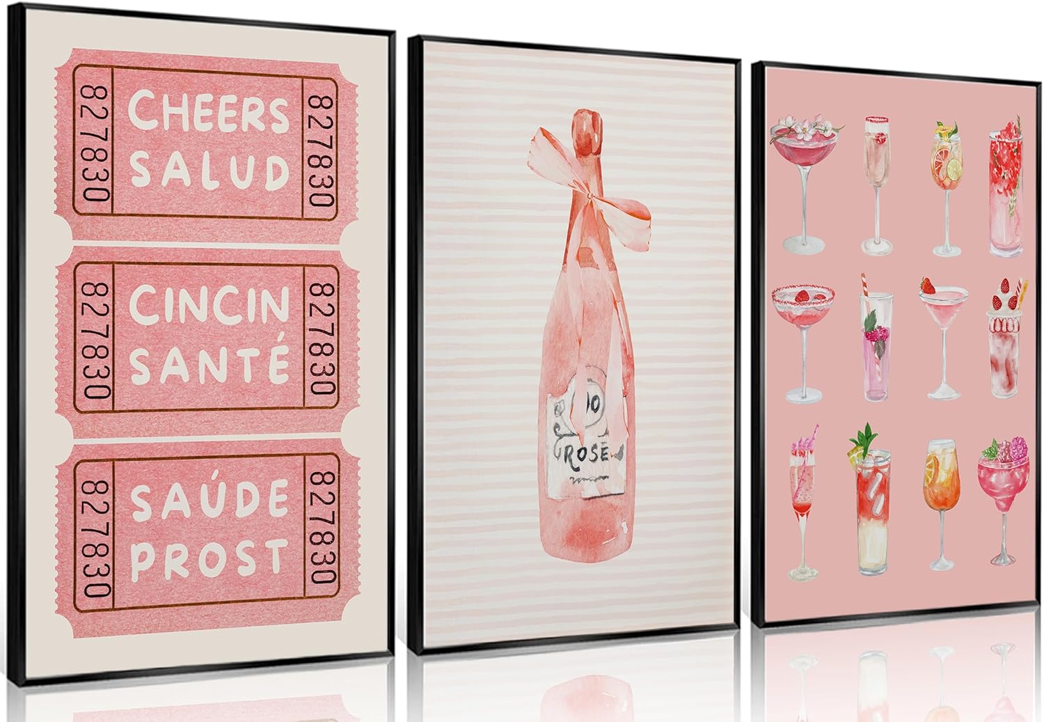Mavgouuy 3Pcs Coquette Vintage Pink Canvas Wall Art, Watercolor Cocktail Champagne Rosé Cheers Poster Print, Bar Cart Wall Decor Artwork for Bedroom Living Room Bar Home Decoration【UNFRAMED】