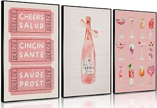 3Pcs Vintage Pink Watercolor Cocktail Champagne Canvas Wall Art Coquette Alcoholic Beverage Painting Picture Wall Decor Bar Cart Poster Print Artwork for Bedroom Living Room Bar Home Decoration