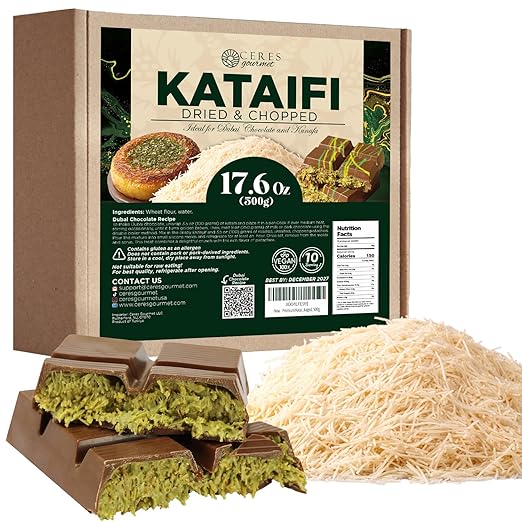 Premium Kataifi Shredded Fillo Dough – Authentic Turkish Raw Chopped Kadayif (Kataifi) Pastry, Perfect for Kunafa, Knafeh & Baklava, Dubai Chocolate Freshly Packaged – 1.1lb (500g)