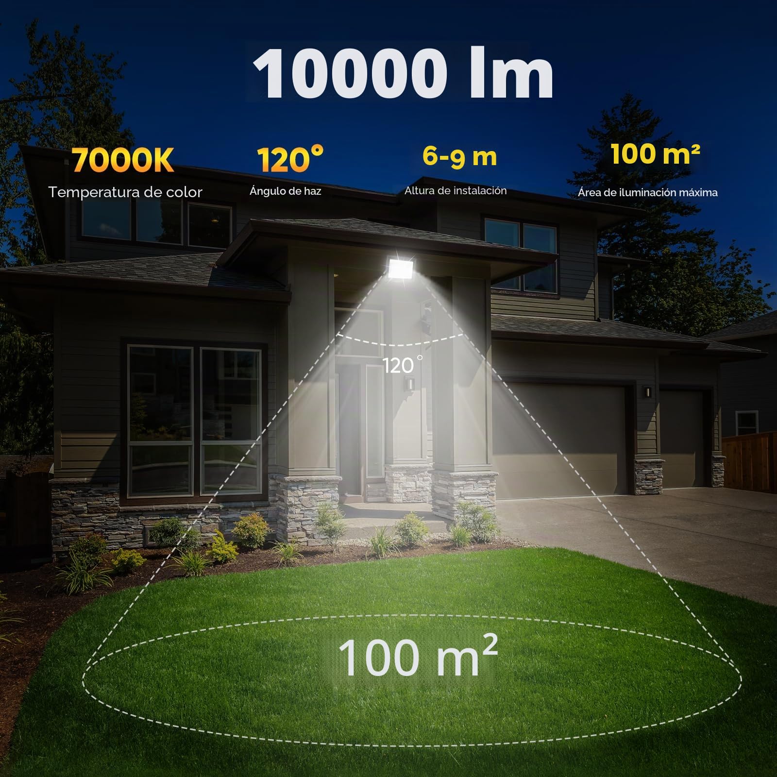 Foco LED Exterior 100W,Iluminación de Seguridad,7000K Blanco Frío,10000LM Super Brillante,IP67 Impermeable,119 LEDs,Foco de Exterior para Jardín,Patio,Garaje,Taller, Pasillo