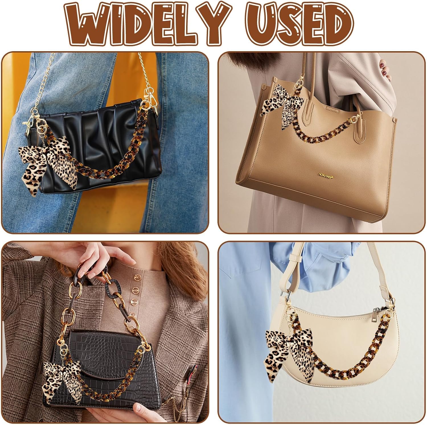 HINGTAI Leopard Print Bow Decorative Chain, Bum Bag Accessories Chain Decoration Supplies for Women, Vintage Handbag Decor Acrylic Bag Handle Shoulder Strap for Women