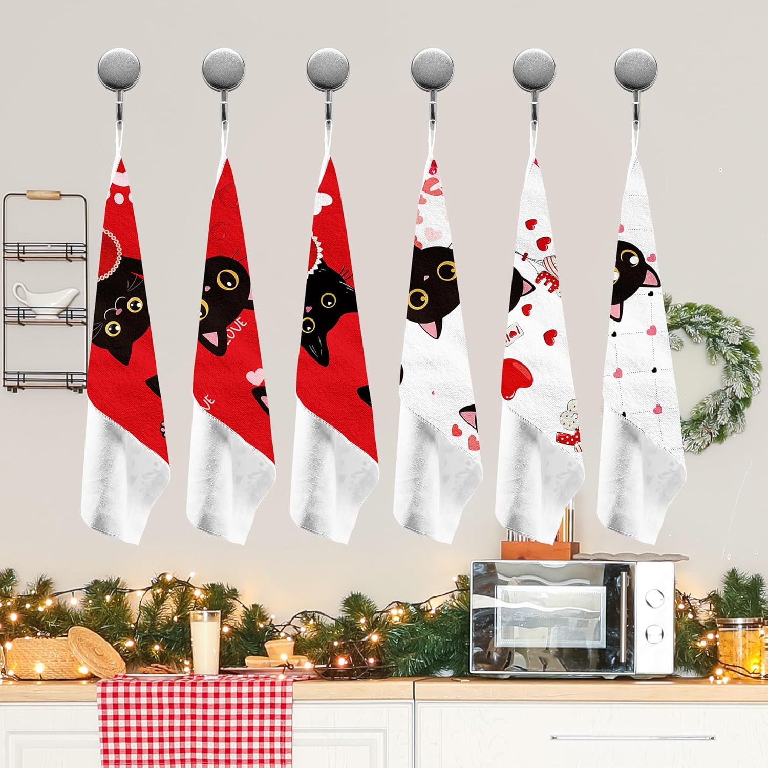 Black Cat Valentines Kitchen Towels Set of 6, Sweet Love Heart Dish Hand Tea Towels Holiday Bathroom Decorations for Valentine's Day Gifts Party Supplies 16x24 Inches - Image 4