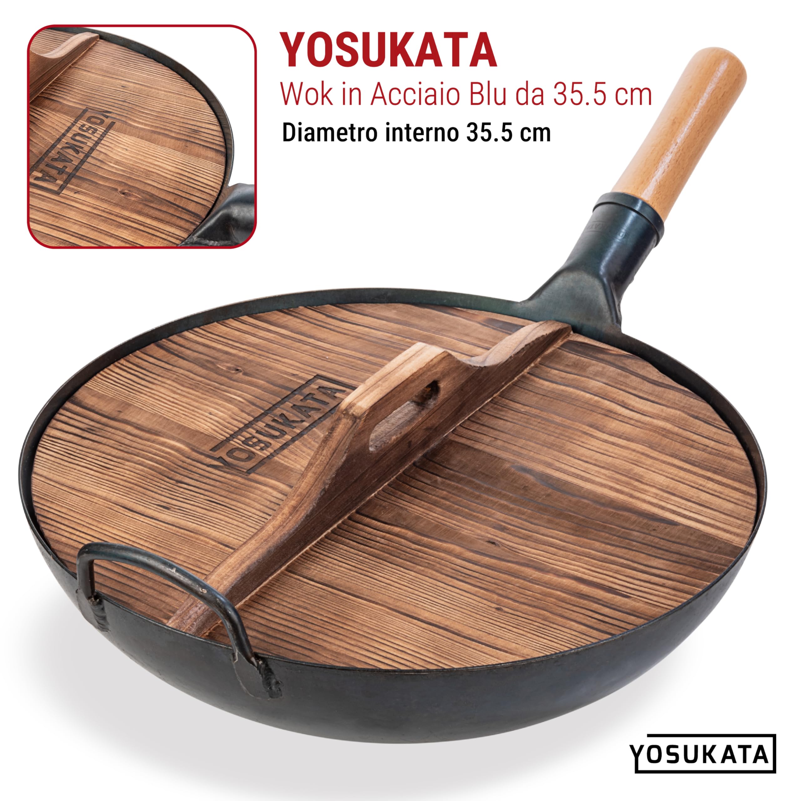 YOSUKATA Coperchio In Legno Per Wok 36 Cm – Coperchio Universale In Legno Naturale Senza Condensa Con Manico Ergonomico Per Padella – Accessorio Tradizionale Per Padelle Wok Di Alta Qualità