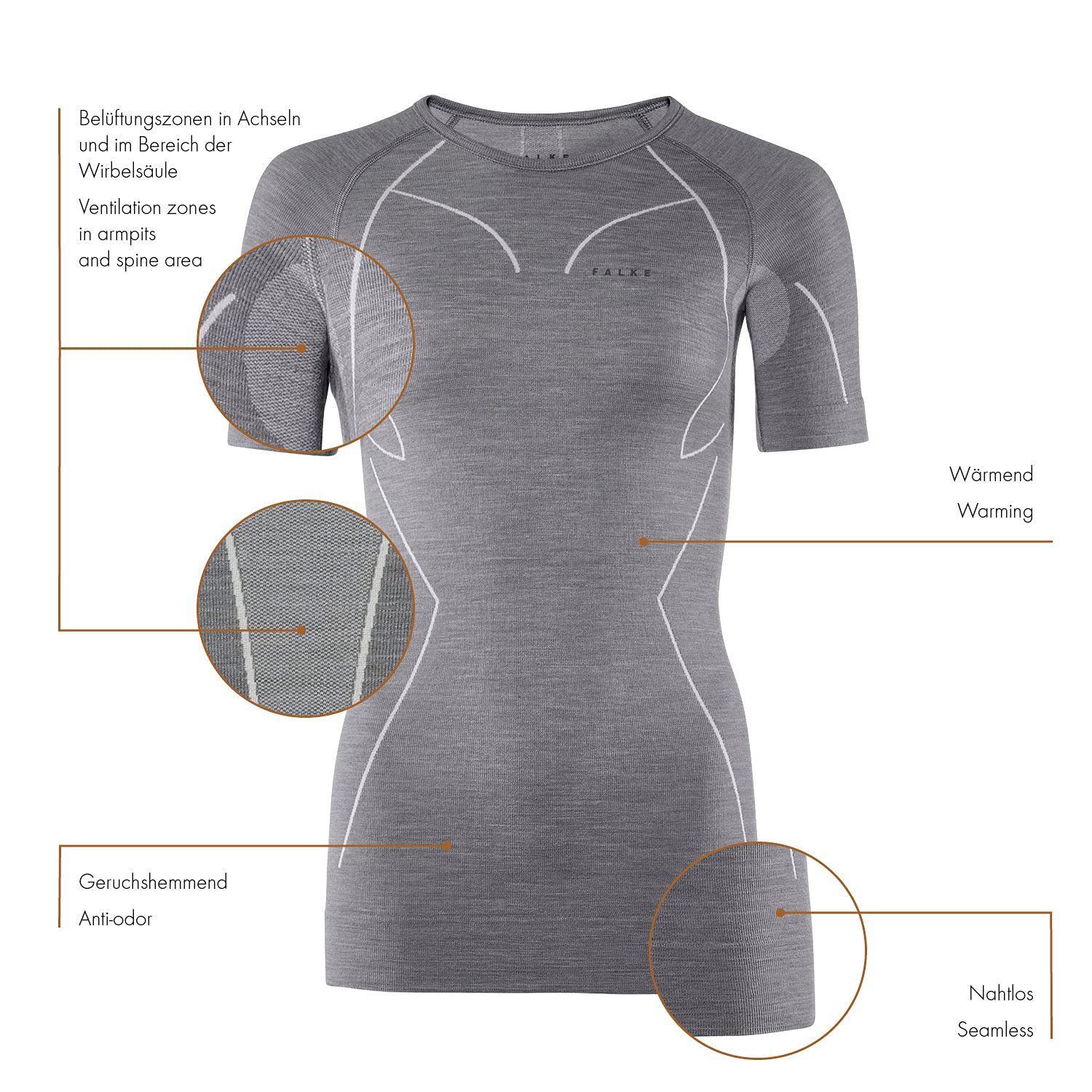 FALKE Damen Wool Tech. Funktionsshirt Kurzarmshirt Wolle Schwarz Grau Atmungsaktive Unterwäsche zum Sport sehr warm schnelltrocknend für kalte bis sehr kalte Temperaturen 1 Stück
