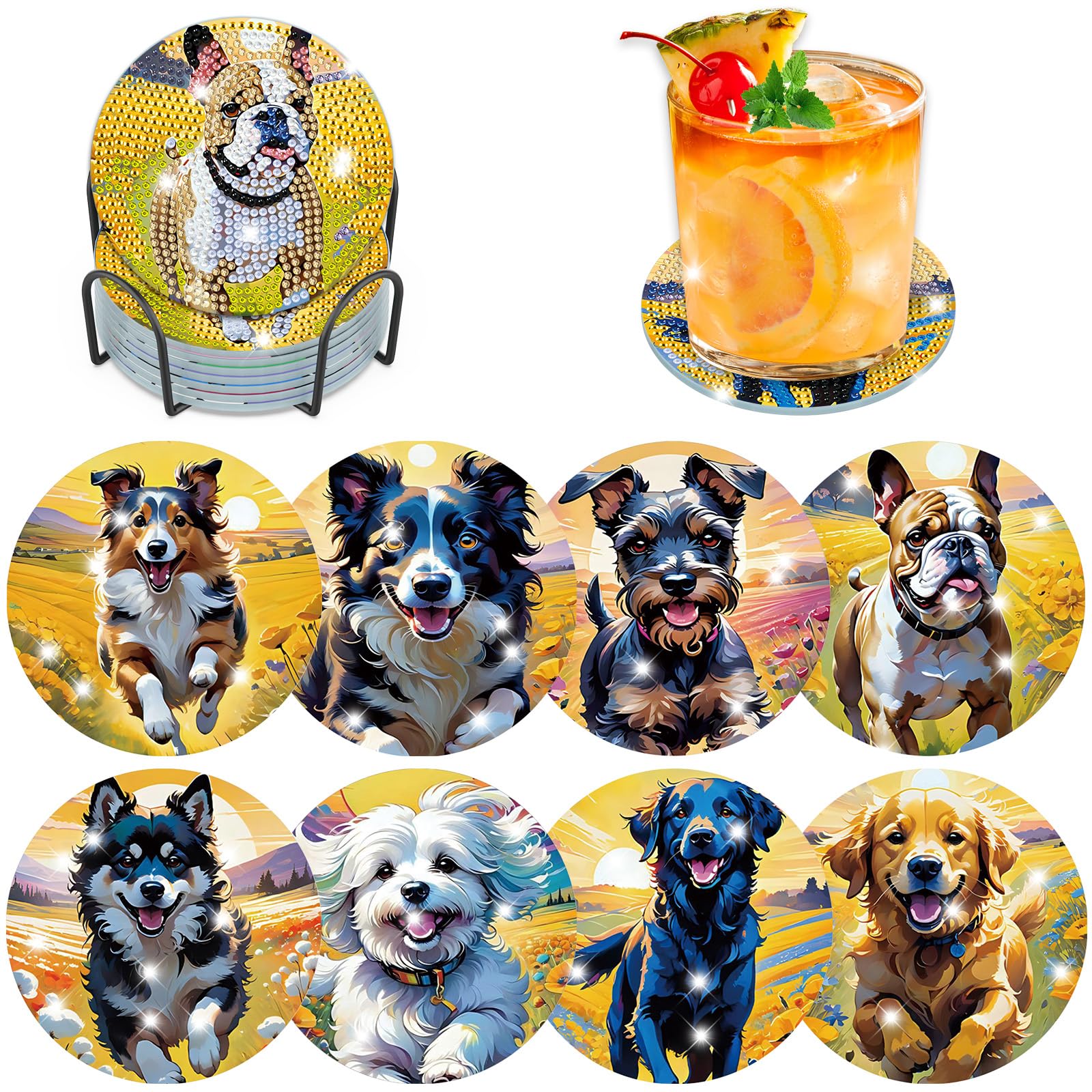 Lxmsja 8 Pcs Dog Diamond Painting Coasters with Stand, 5D Animals Diamonds Kit Diamond Art Adults