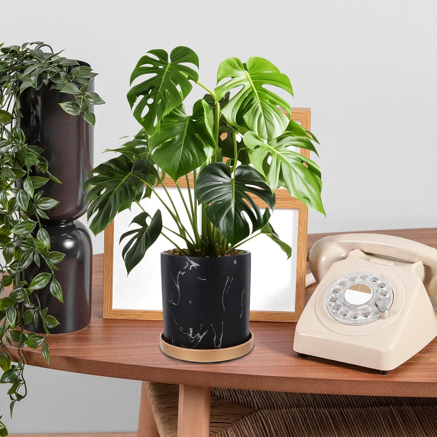 Cylindrical Ceramic Flowerpot with Marble Vein Pattern and Saucer, 15x15x15cm Succulent Planter for Indoor Desktop Gardening