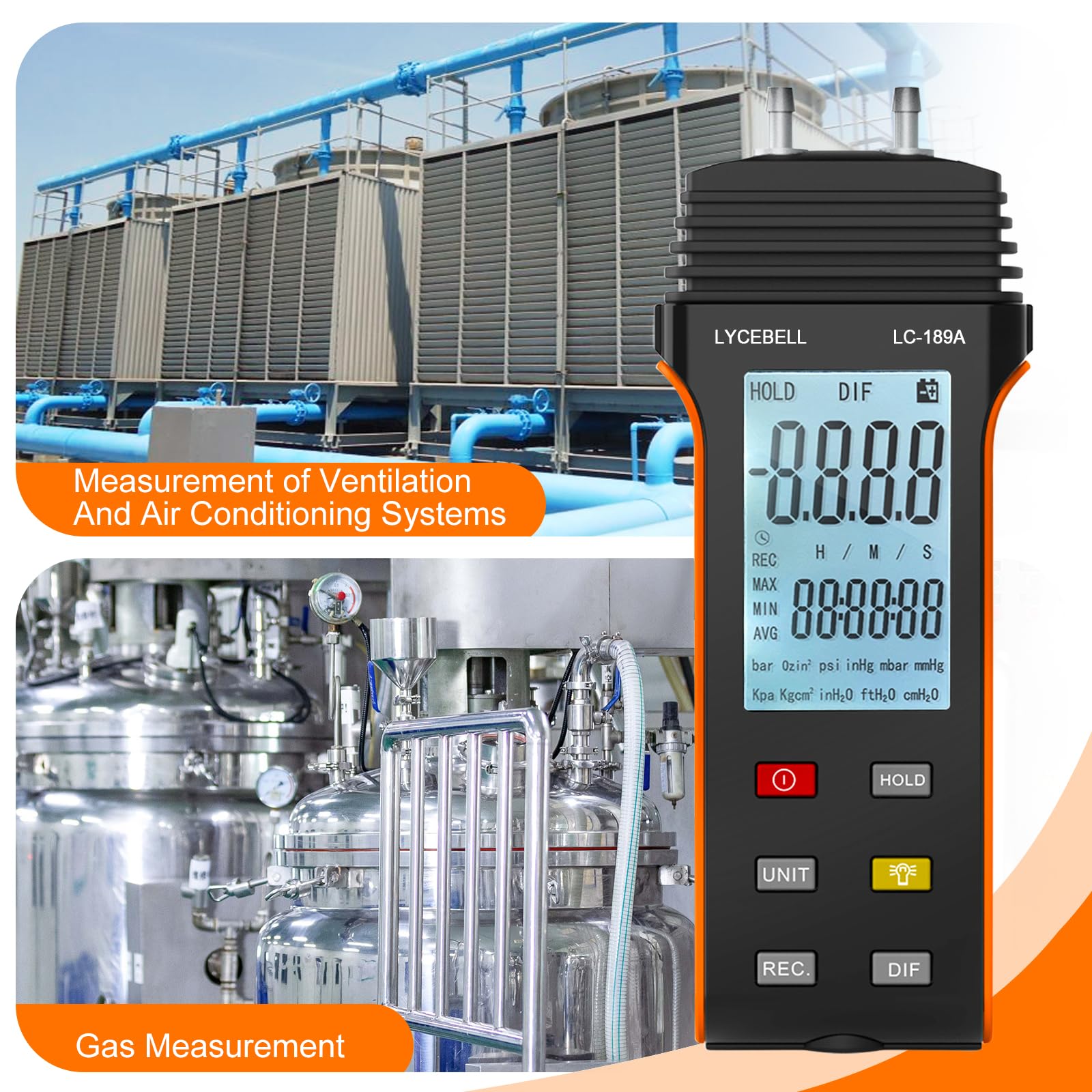 LC-189A Manometer, Digitales Luftdruckmessgerät, Differenzdruckmessgerät, HVAC-Gasdruckmessgerät, Geeignet für die Luftdruckmessung (Schwarz + Orange)