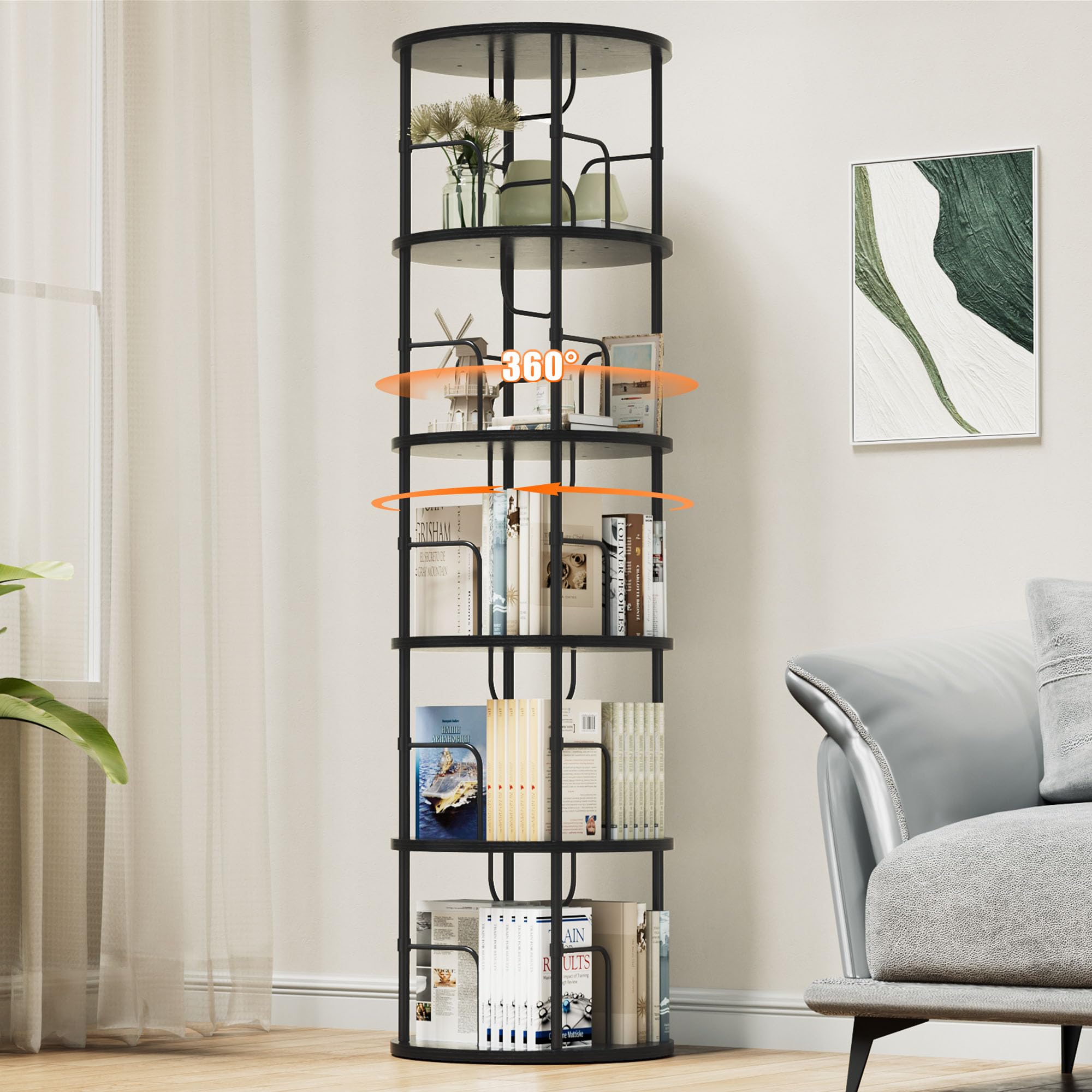 OCTORO 5 Tier Rotating Bookshelf, 360° Corner Bookshelf Tower, Round Revolving Bookcase with Adjustable Levels, Spinning Book Shelf for Home Office, Bedroom, Living Room, 45 x 45 x 160cm, Black