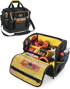 12-Inch Tool Bag with Hard Bottom, Electrician Tool Box Organizer | Detachable Divider, Multiple Pockets, Padded Handle, Adjustable Shoulder Strap, Ideal for Mechanics, Carpenters, Plumbers